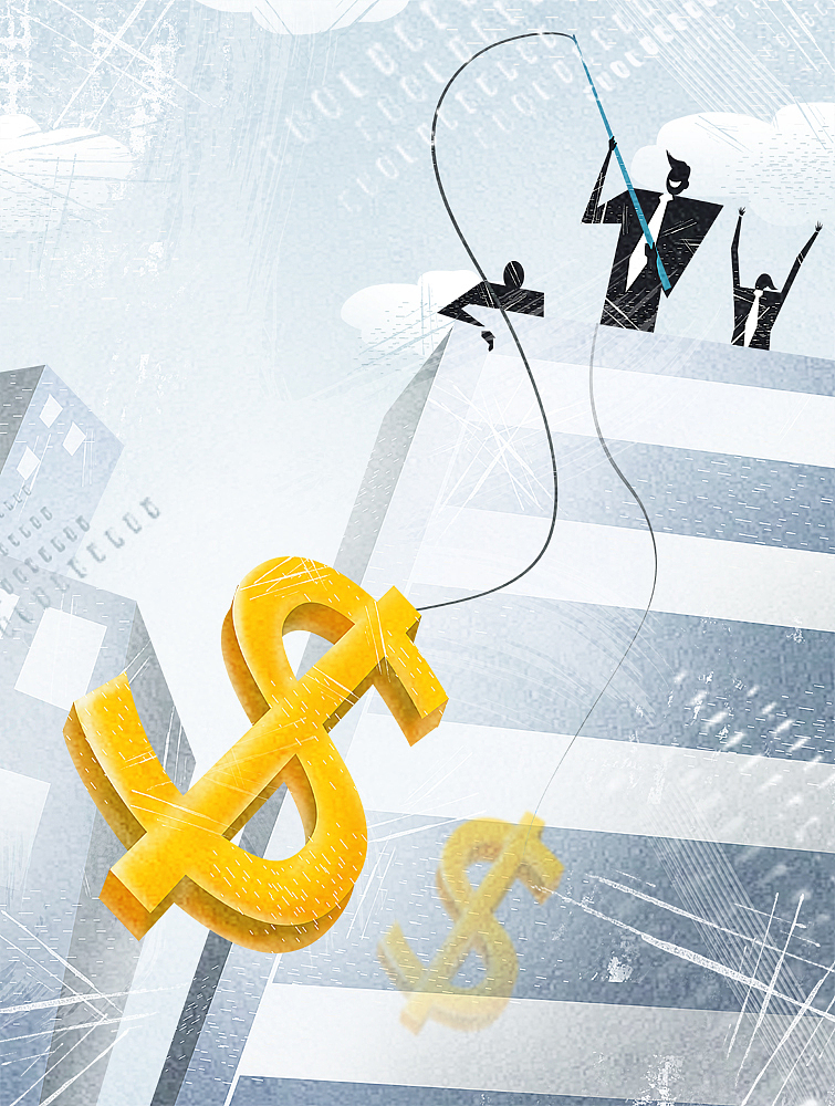 businessmen fishing dollar currency at building