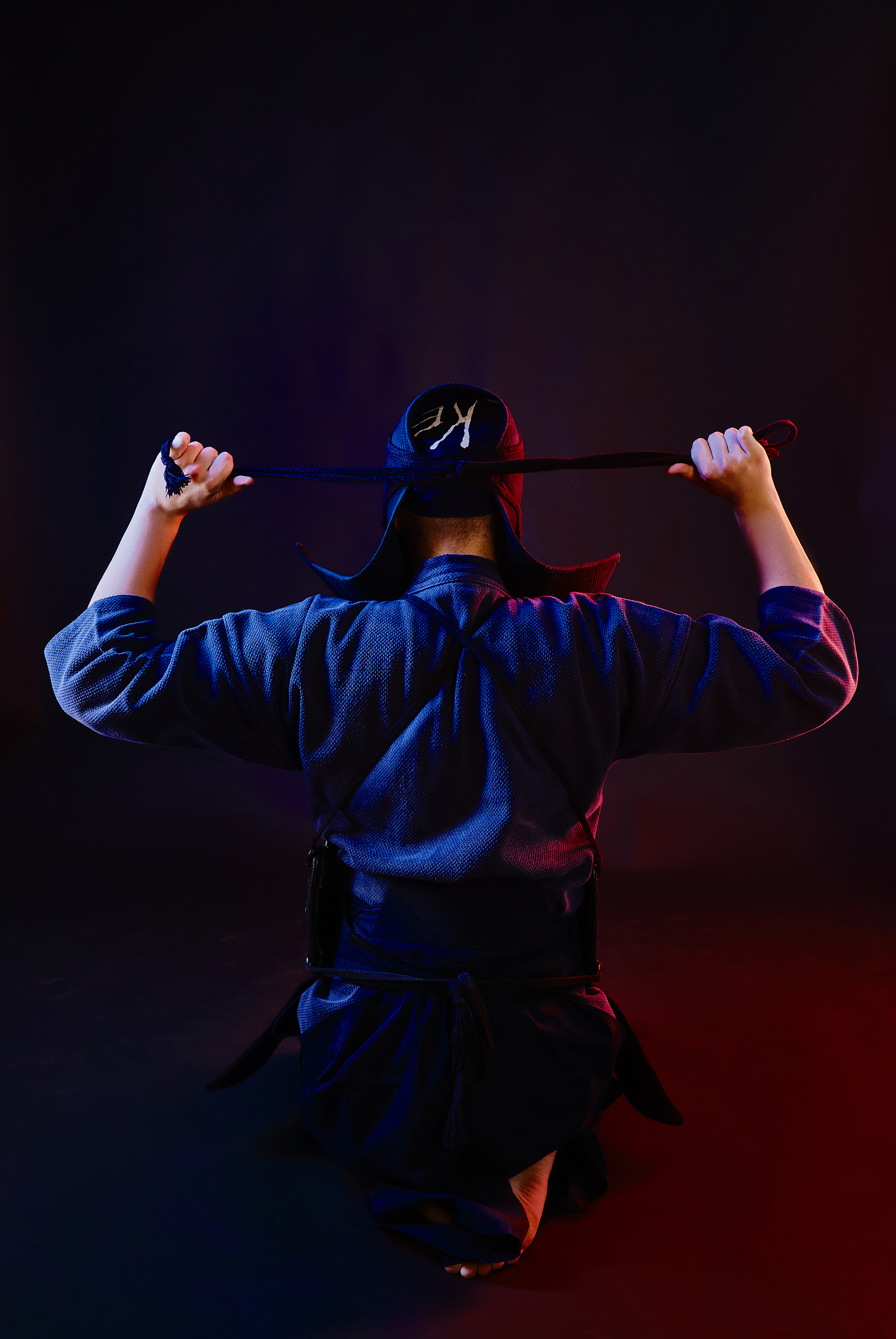 close up shot, kendo fighter wearing in an armor and traditional