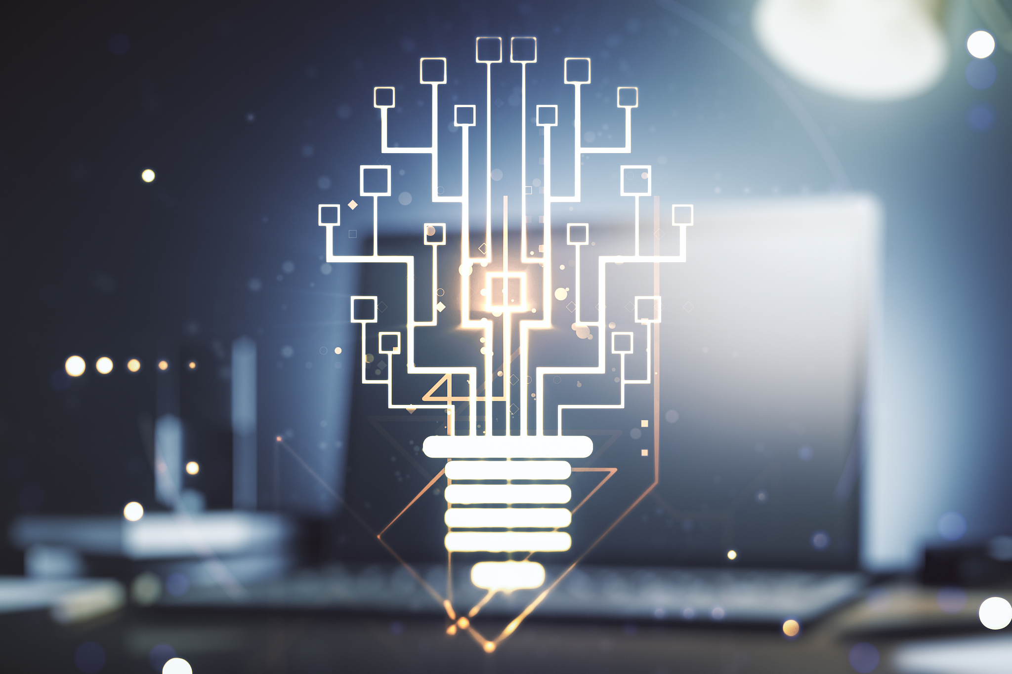 creative light bulb with chip hologram on modern laptop backgrou