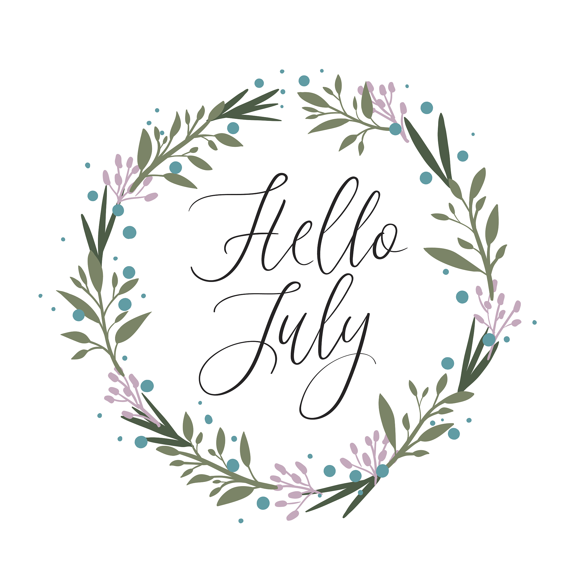 hello july hand lettering card. modern calligraphy. floral wreat