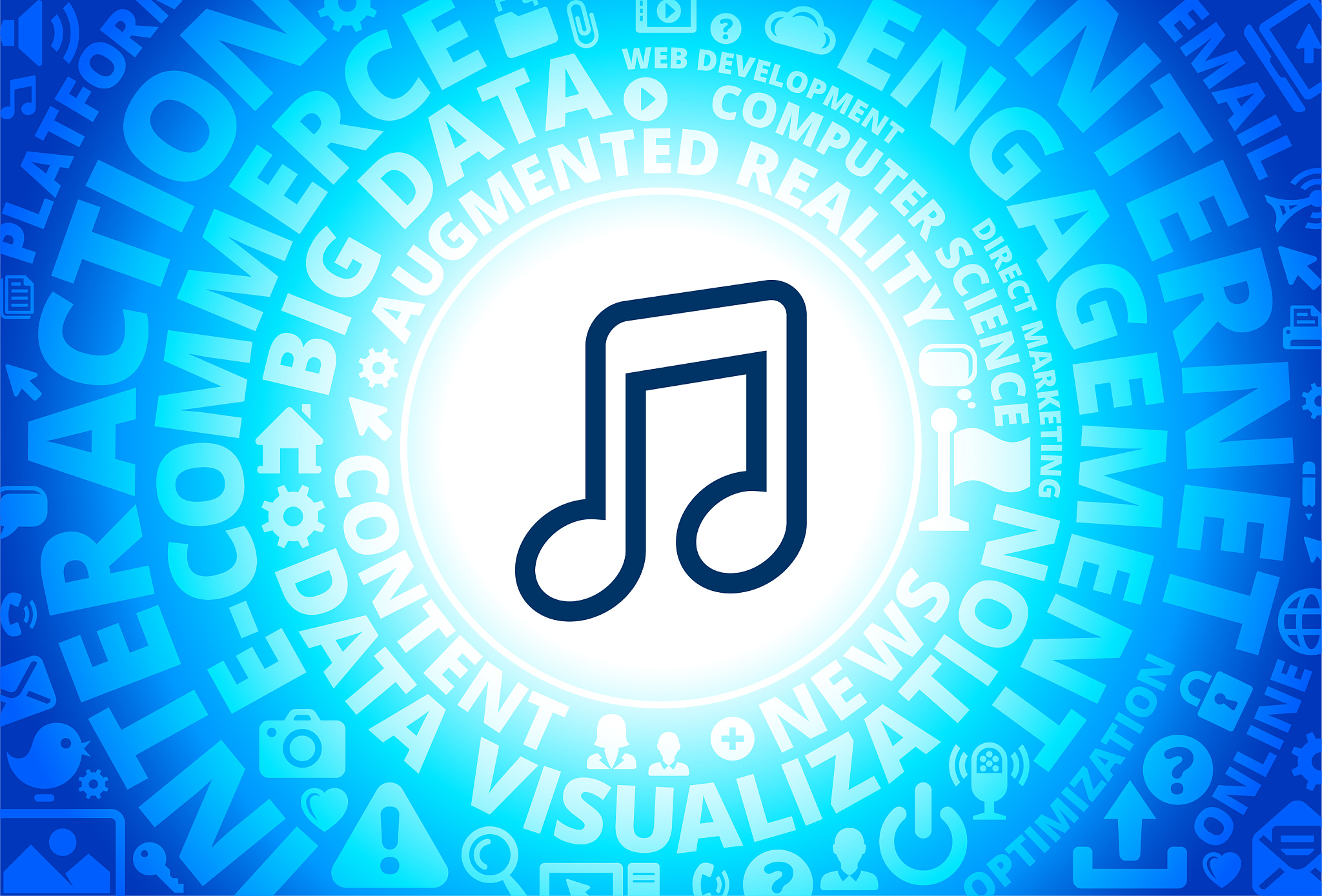 music icon on internet modern technology words background