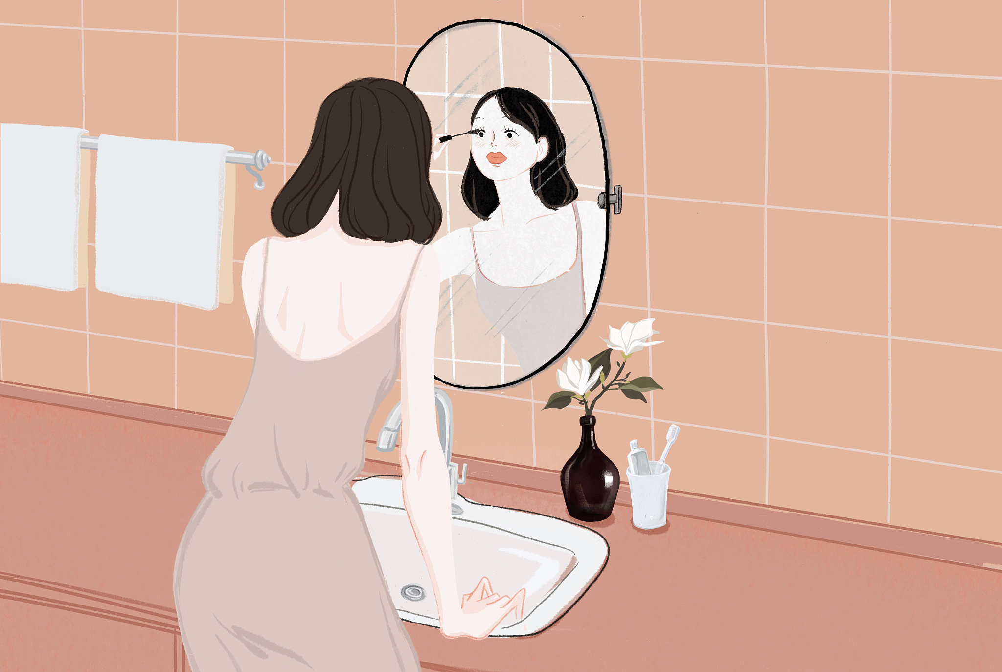 在洗手台前化妆的女人手绘插图