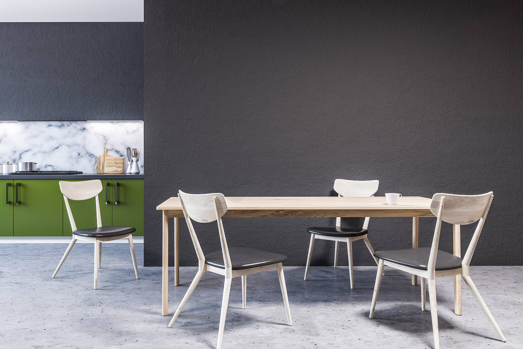 kitchen interior, green countertops, table