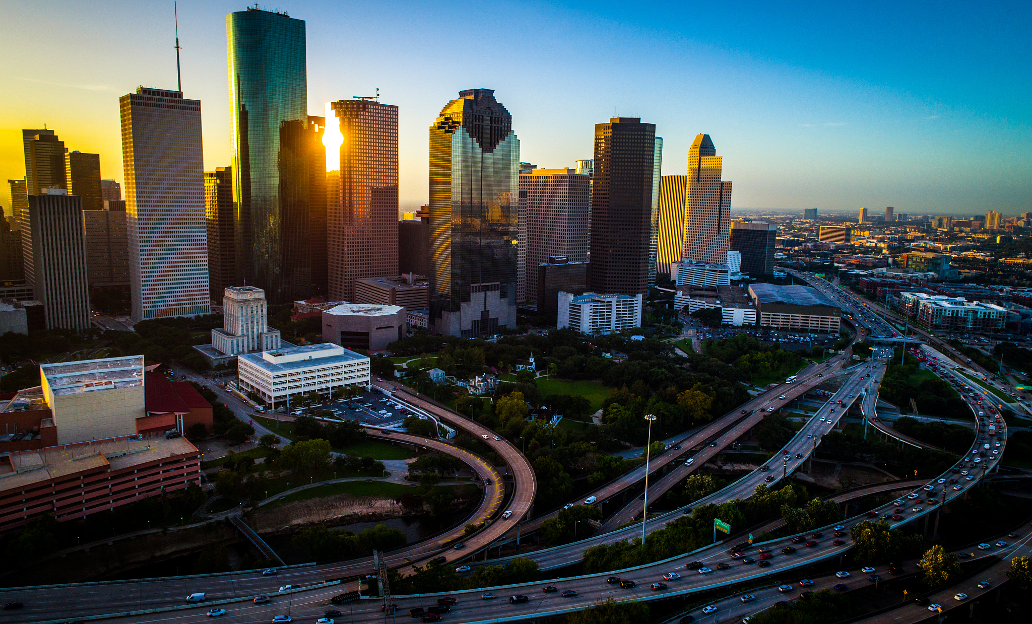 drone sunrise cityscape of houston texas major urban city