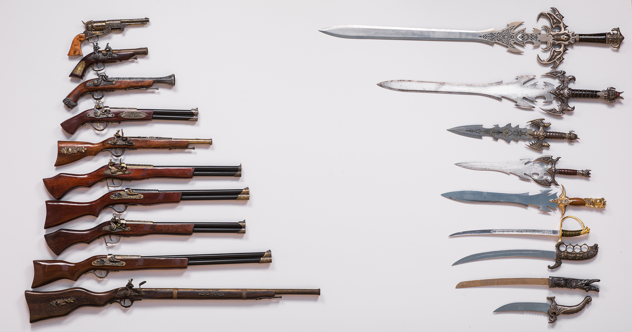 antique military weapons, swords, knives, guns and pistols