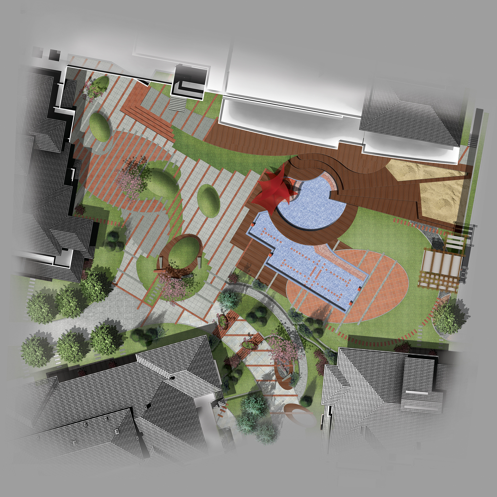 景观公共设施戏水区的设计说明：包括设计立意、创意理念、设计目的、设计定位、设计手法、设计尺度、设计材料、设计色彩