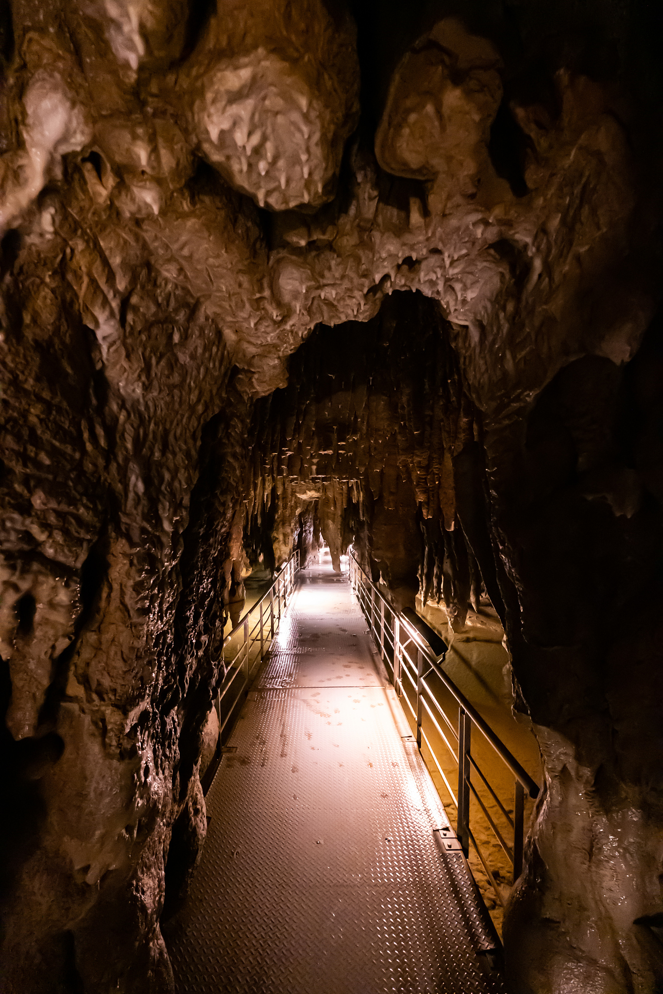 a trail inside a dark and damp cave. there are lighting attached