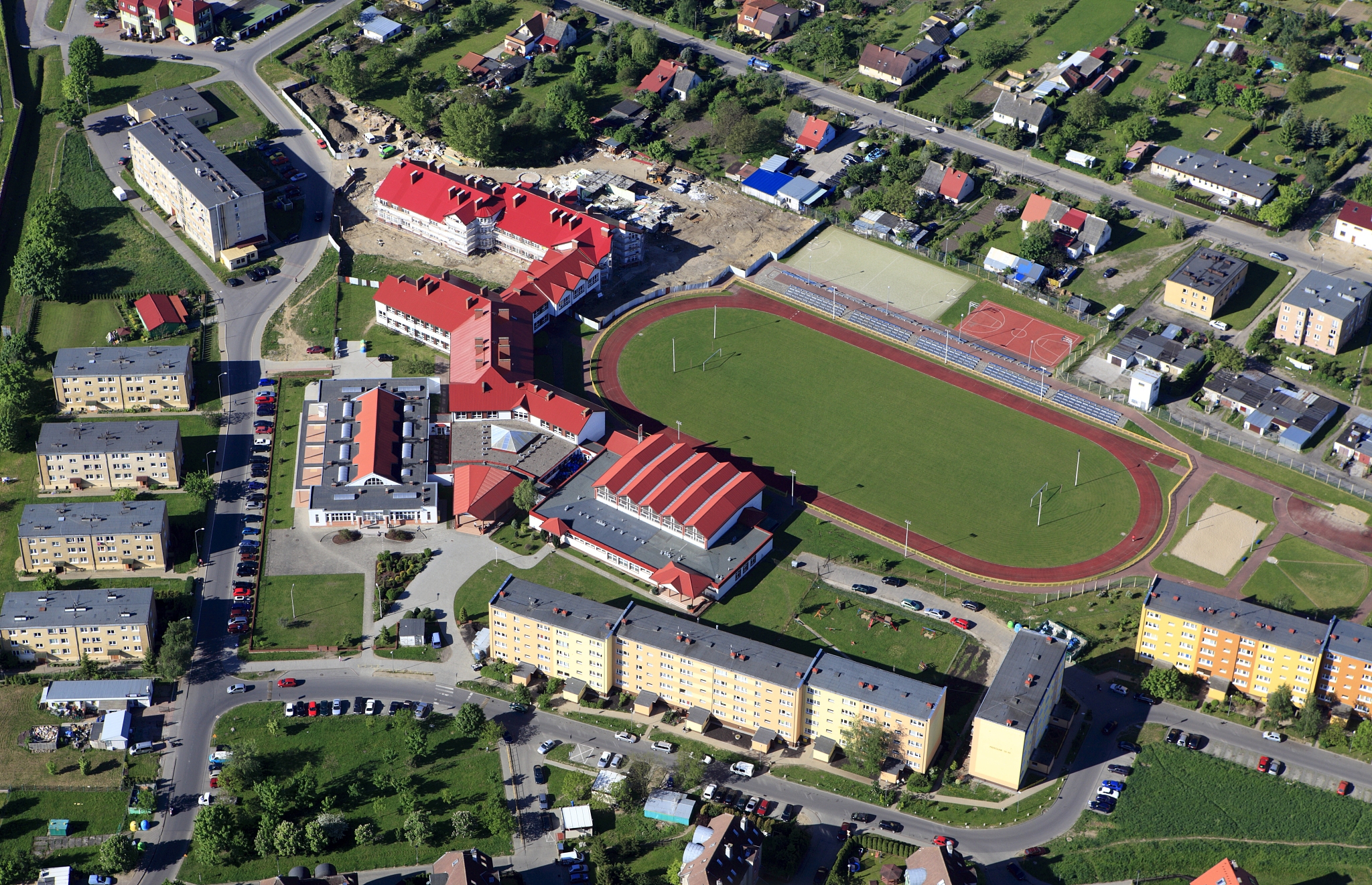 aerial view on a school and soccer field