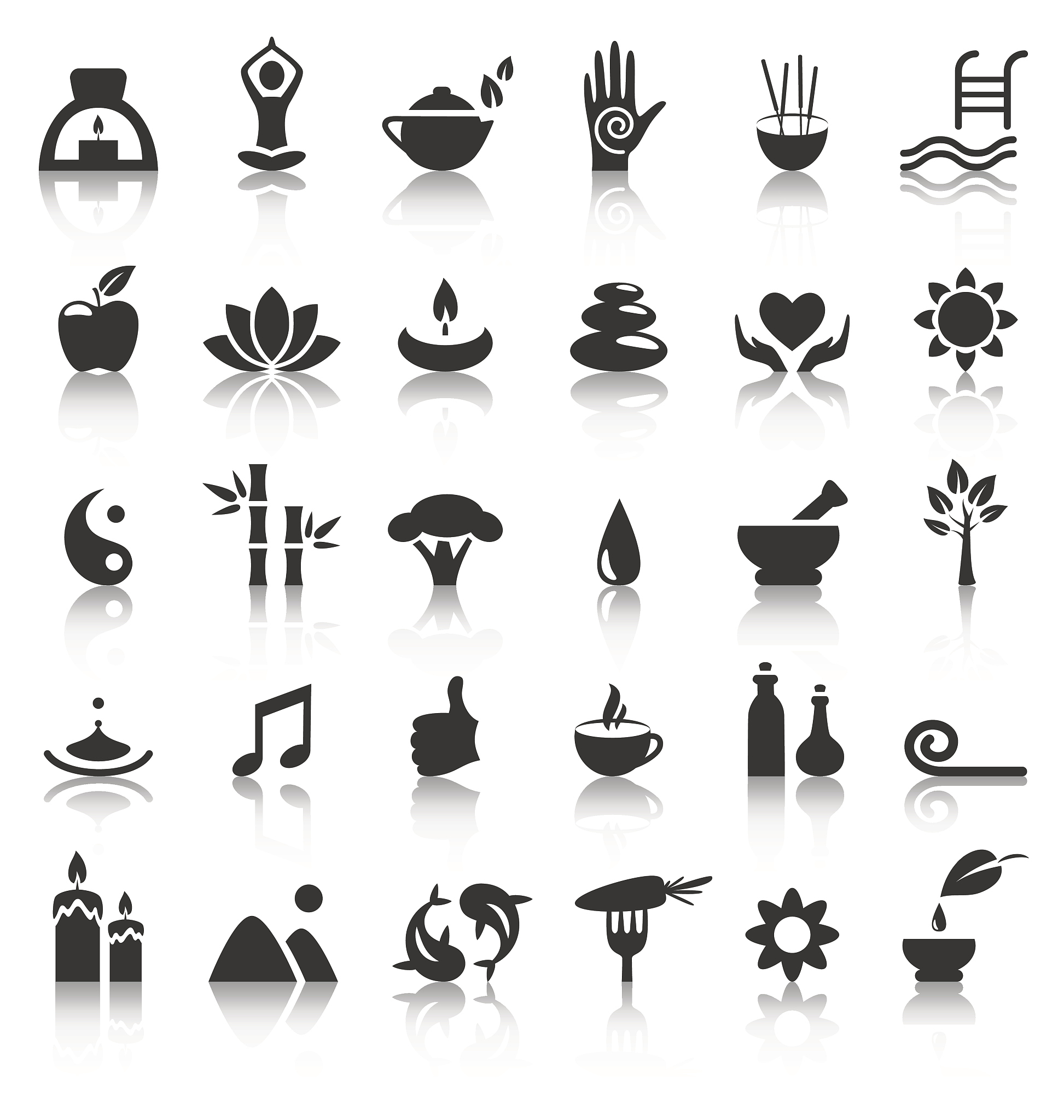 spa yoga zen flat icons with reflection on white