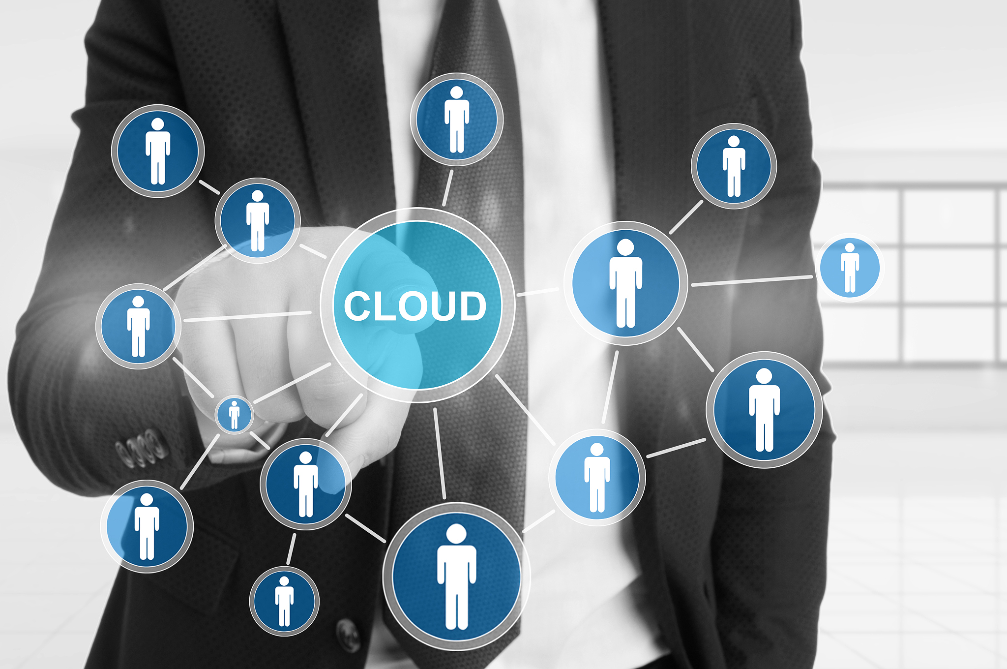 business man pointing the cloud icon on screen