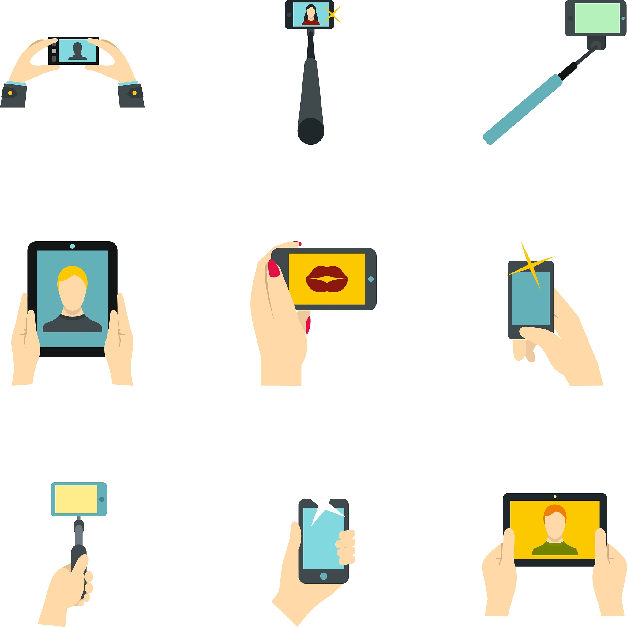 photo on smartphone icons set flat style