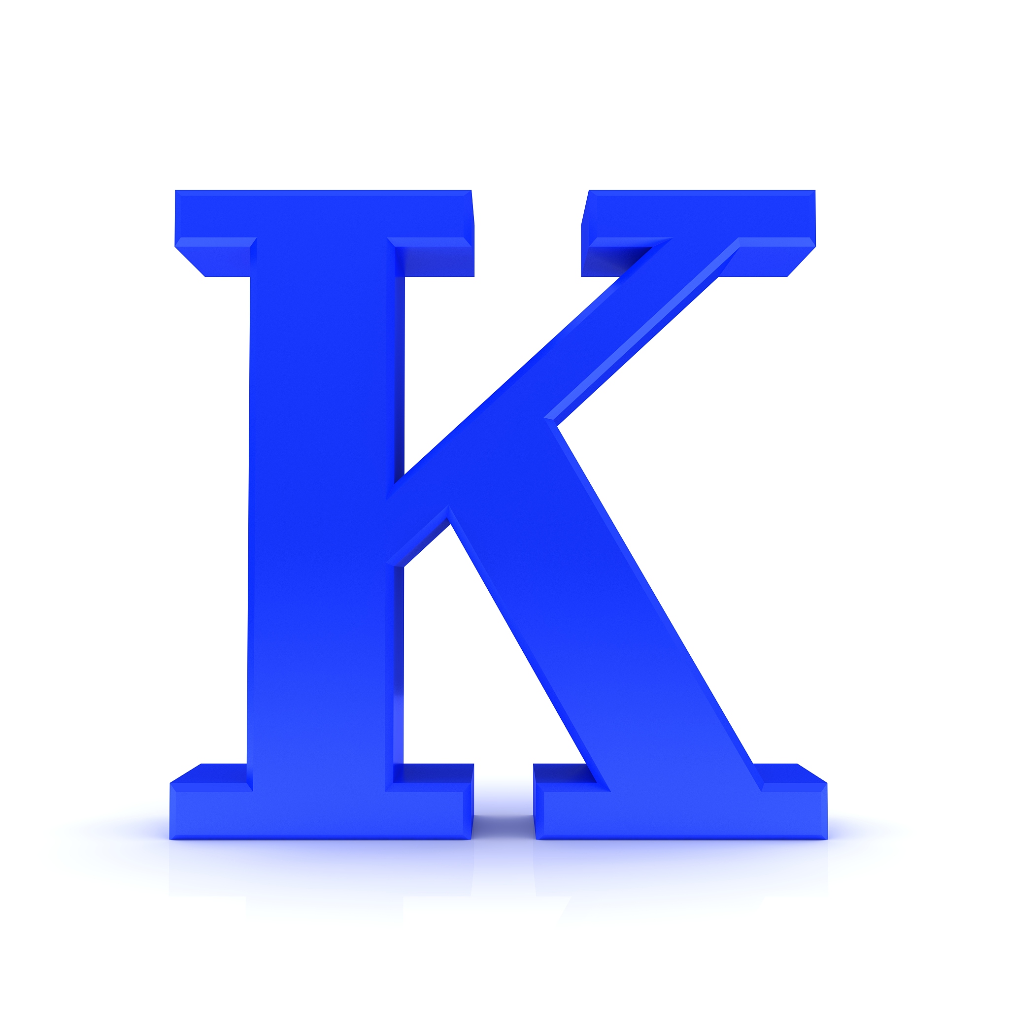 k letter blue 3d three dimensional capital sign on white backgro