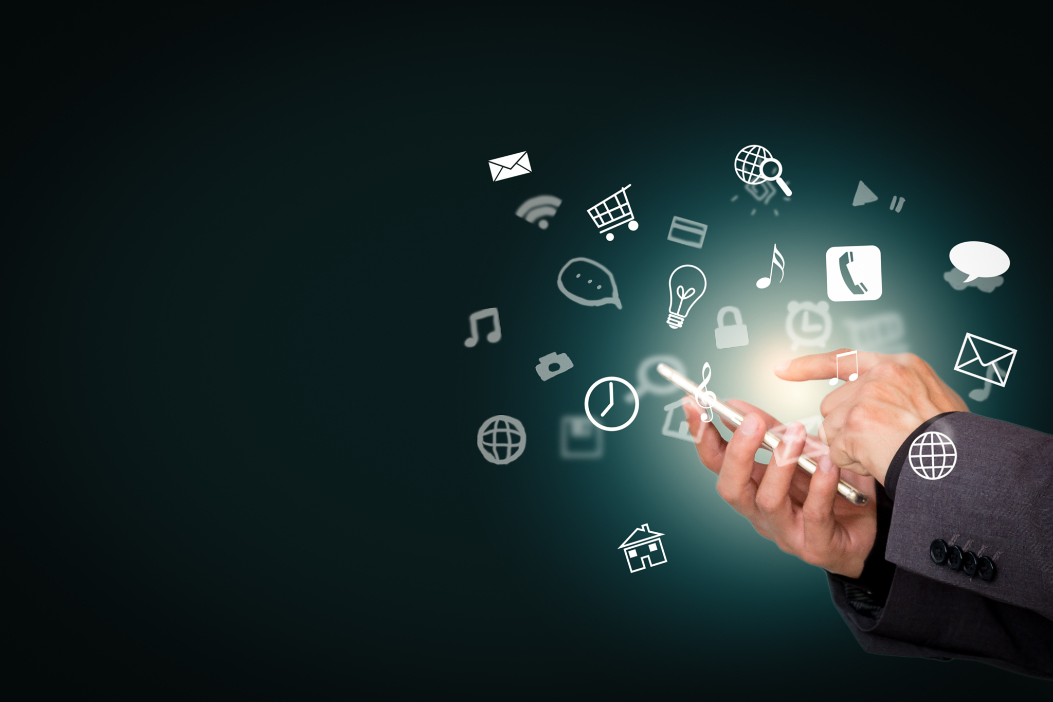 businessman playing on the digital mobile device with social med