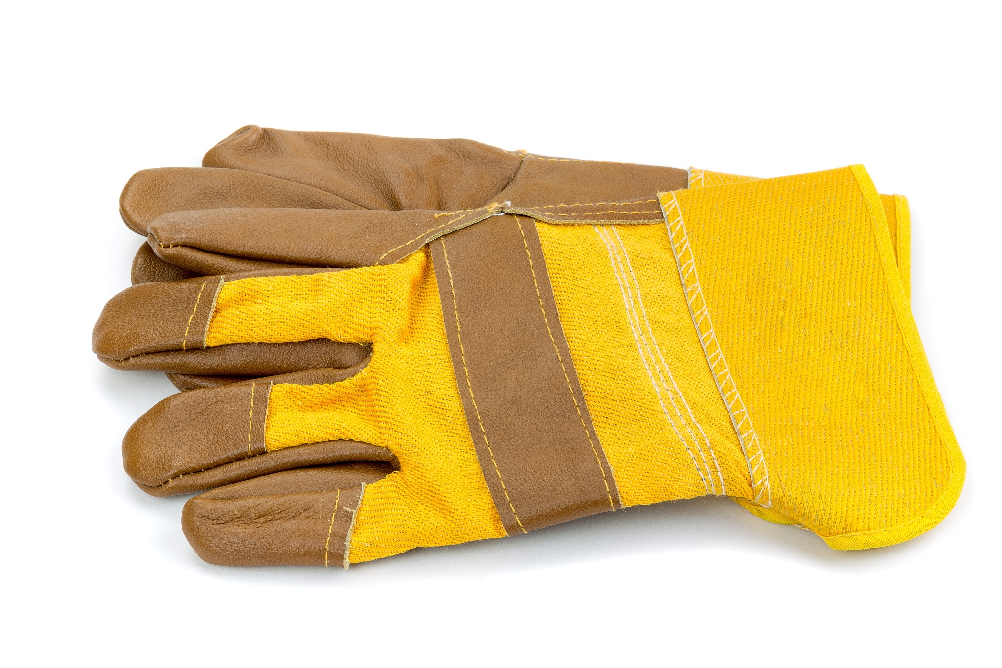 yellow leather and cotton protective gloves cut out on a white b