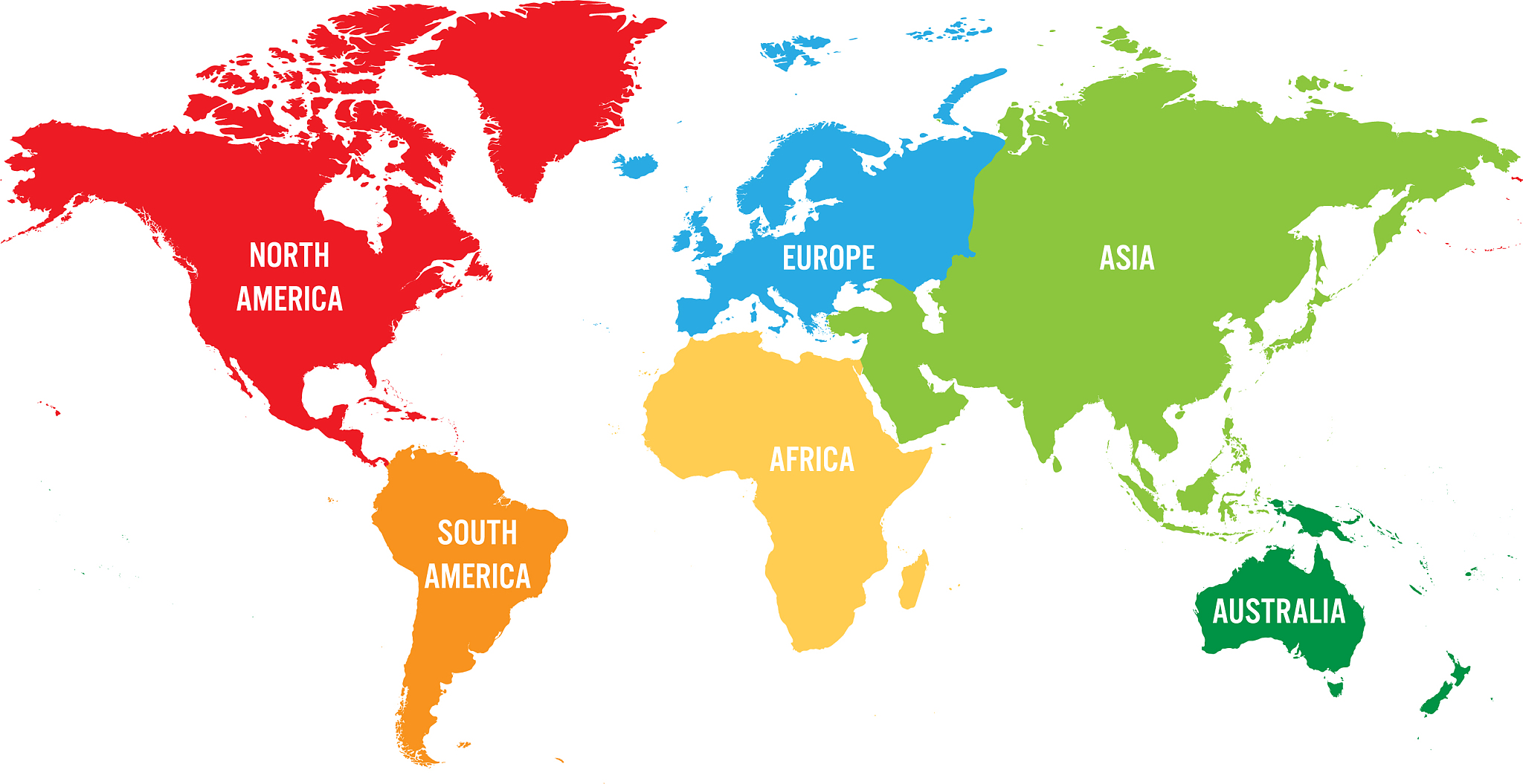 world map divided into six continents each