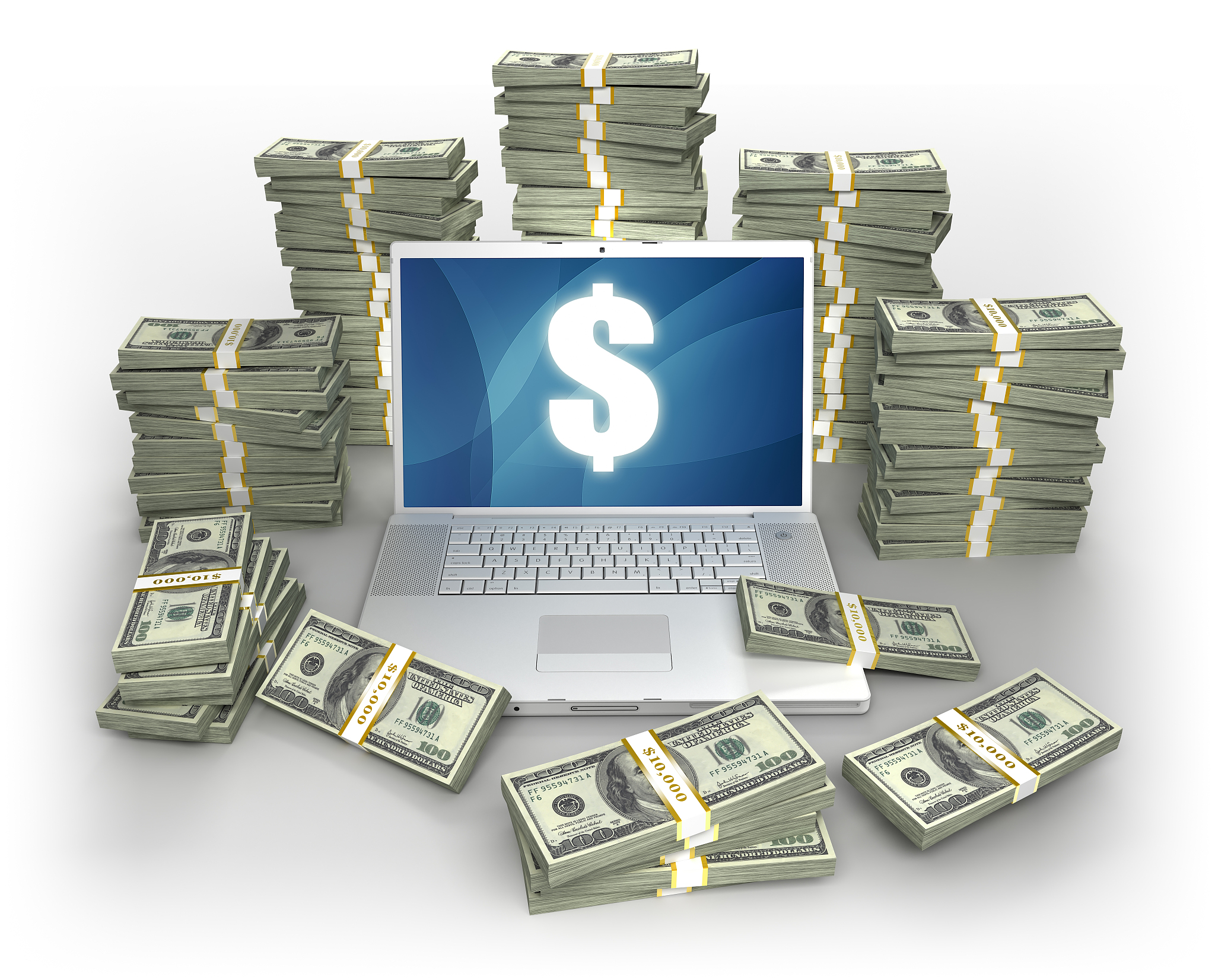 dollar bills and laptop: making money online - isolated/clipping