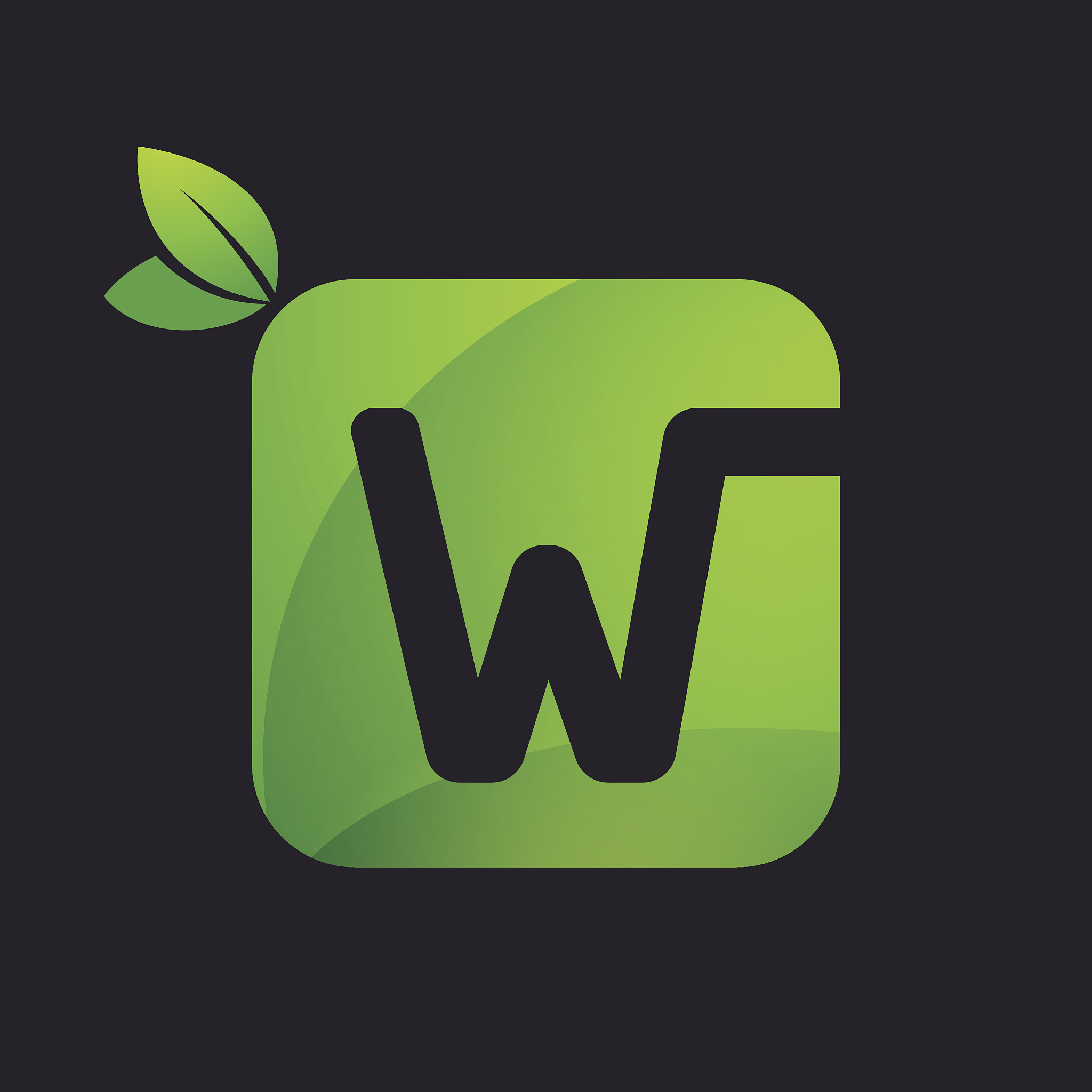 w letter icon with square and green leaves.