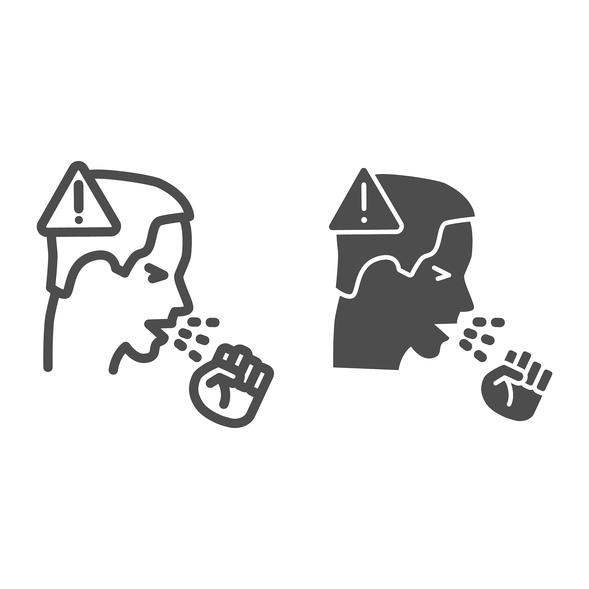 man coughs with fist and warning sign line and solid icon, covid