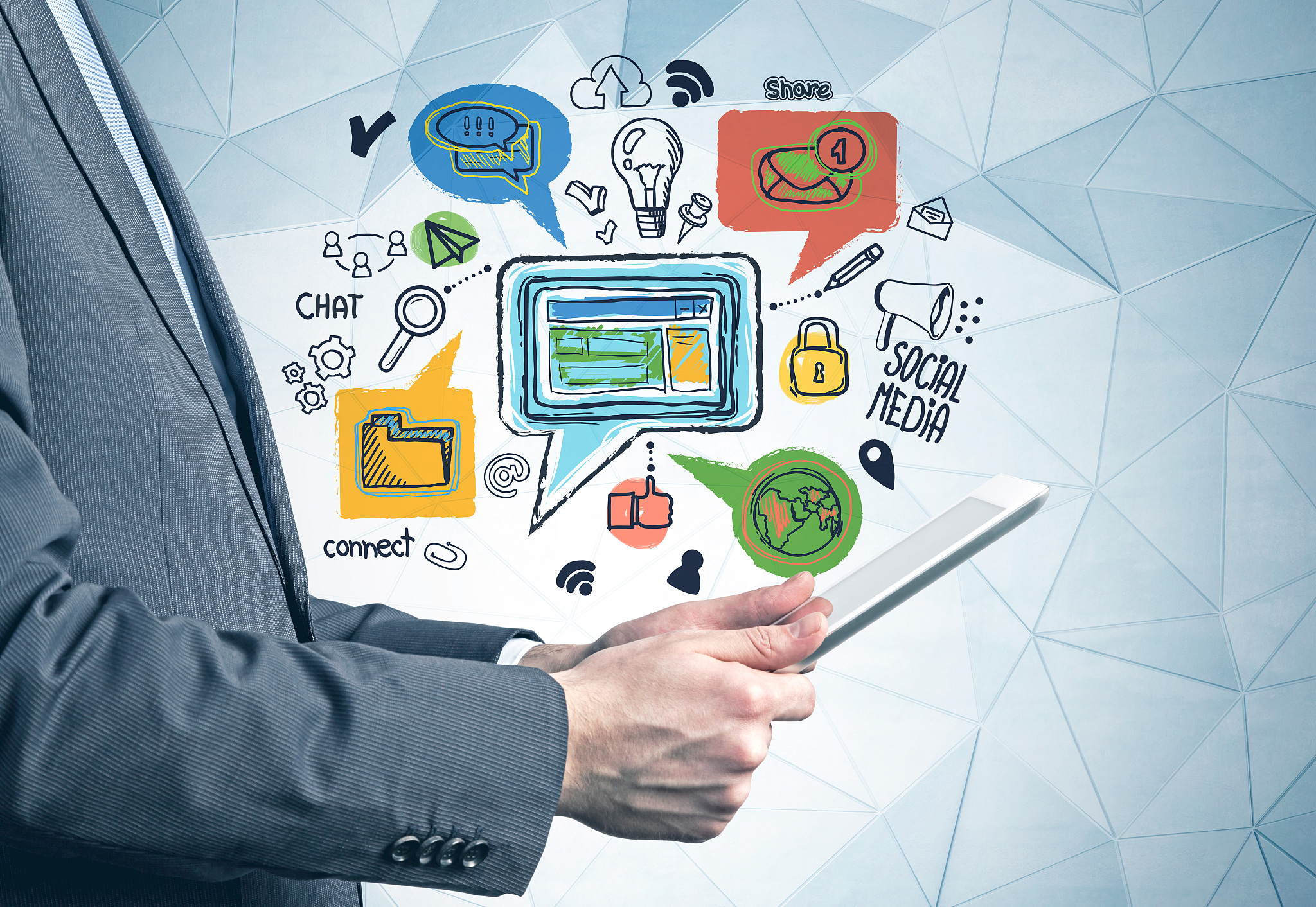 man holding tablet computer, social media