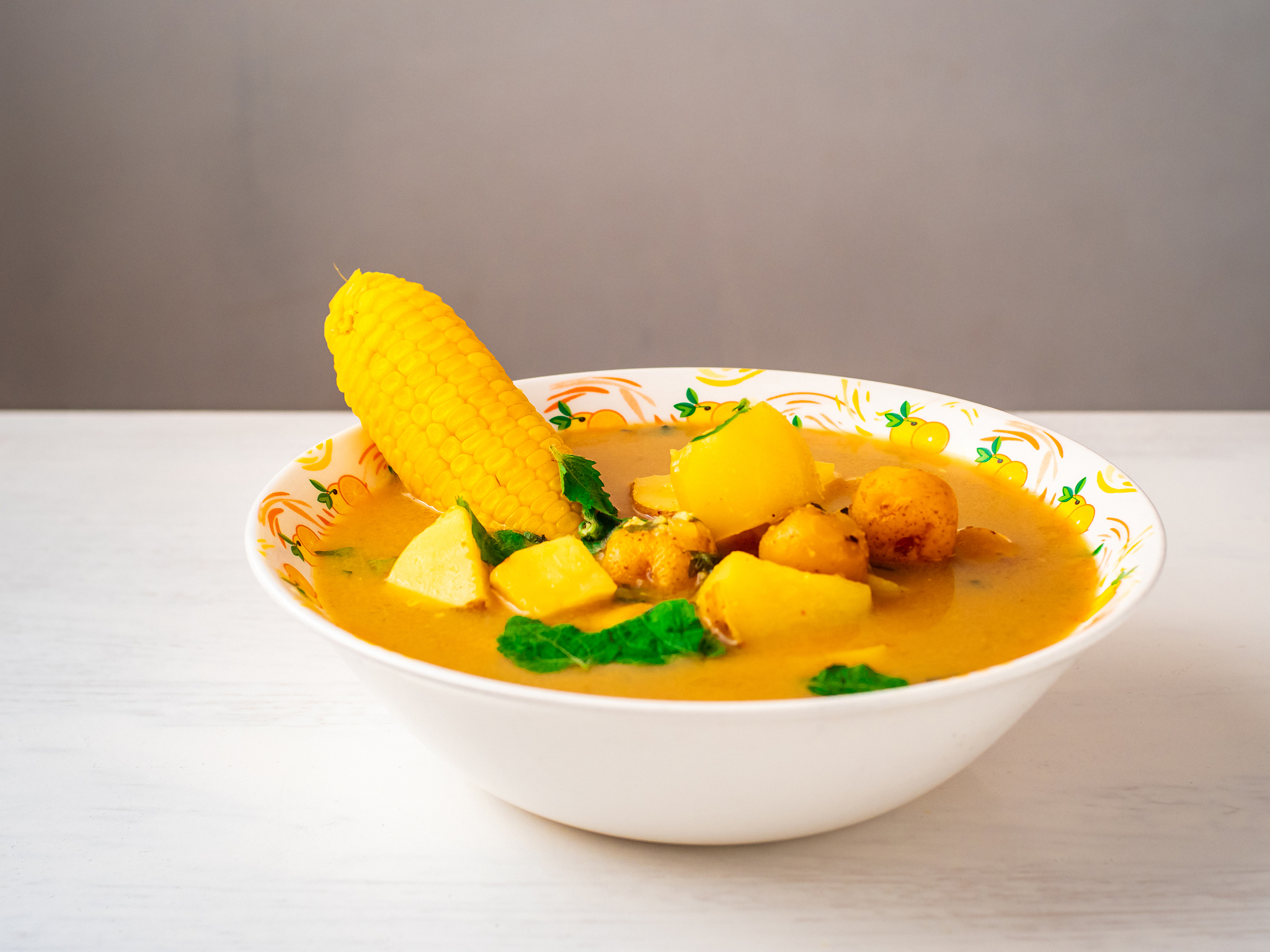 bowl of vegan ajiaco, traditional pre colombian south american d