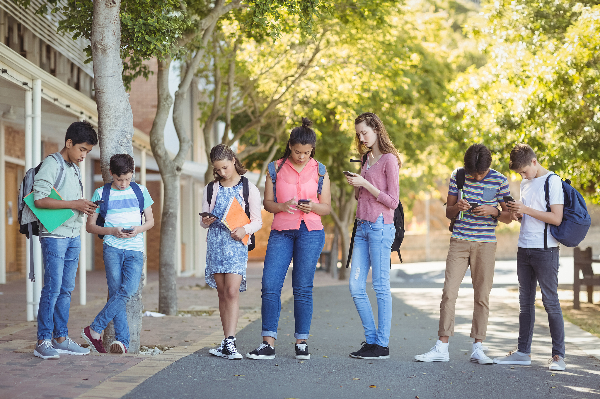 students using mobile phone on road in campus