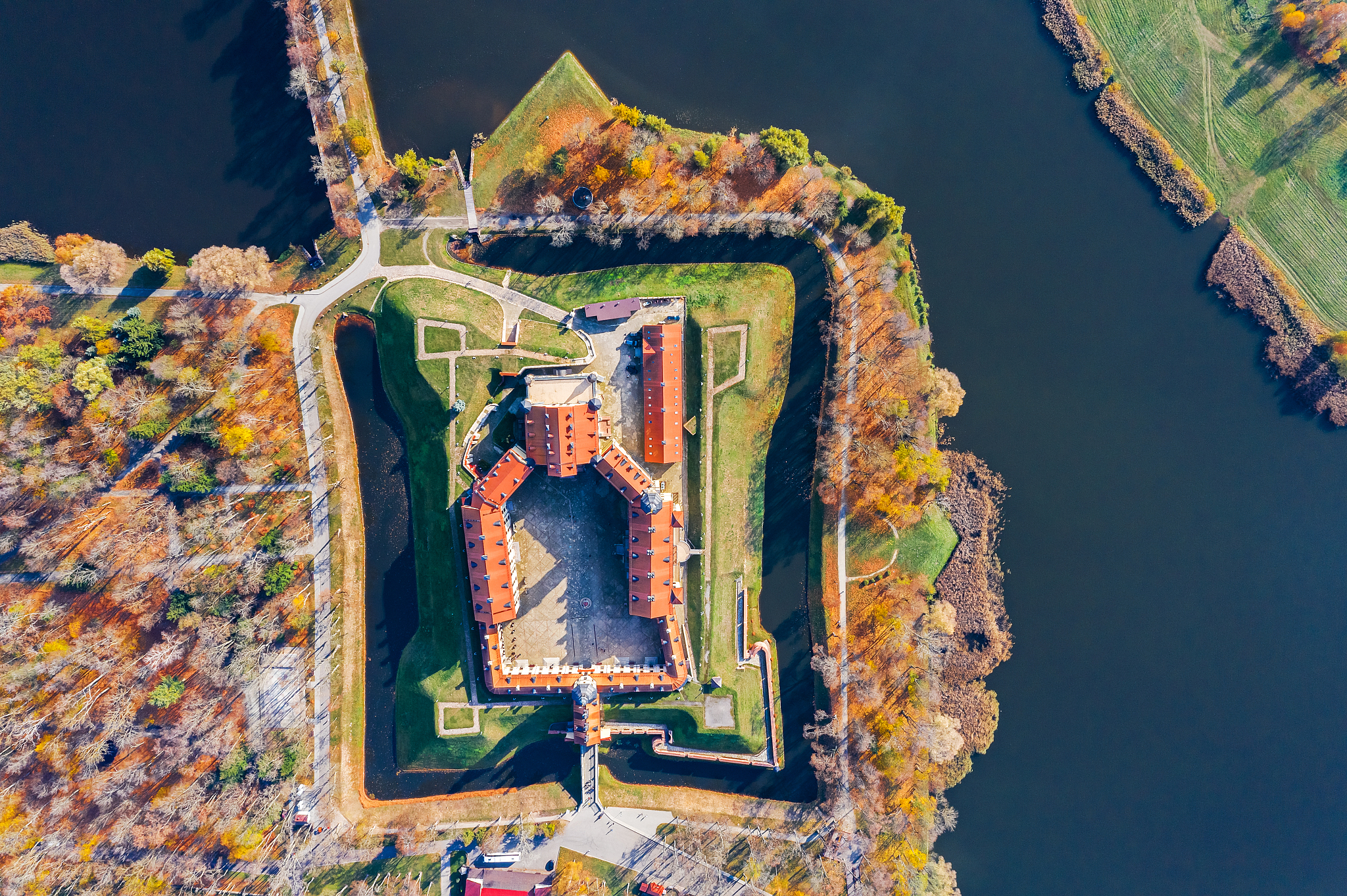 nesvizh castle view from above. aerial view.