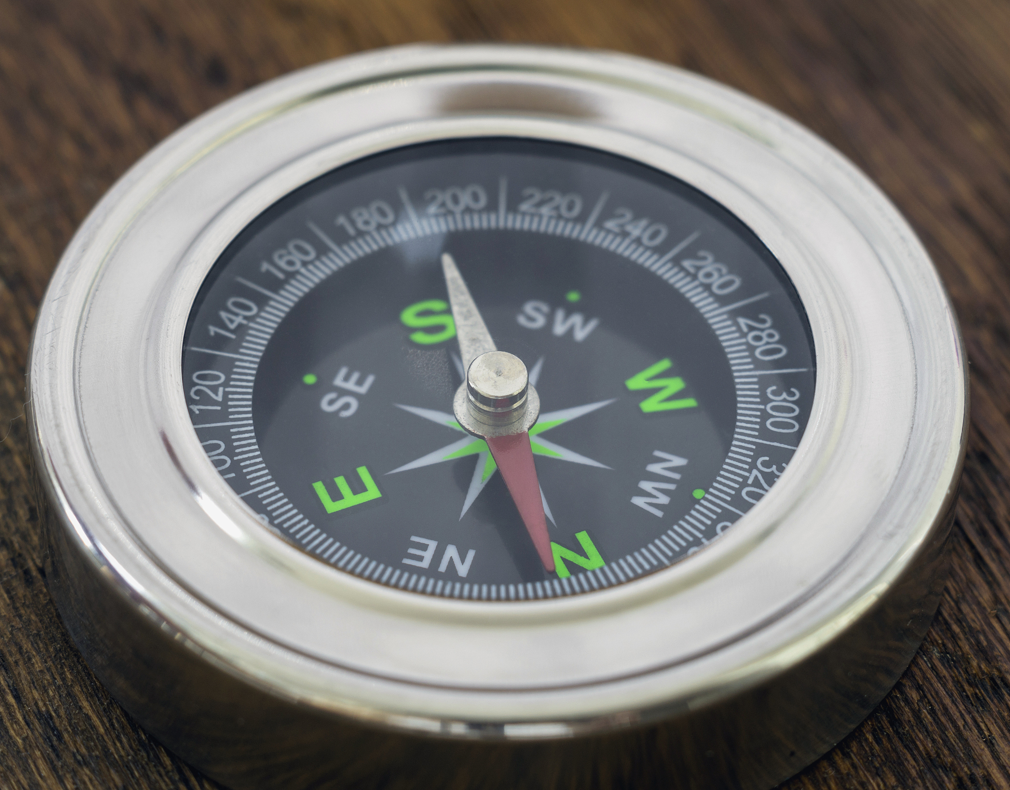 compass close up shot on wood tabletop.