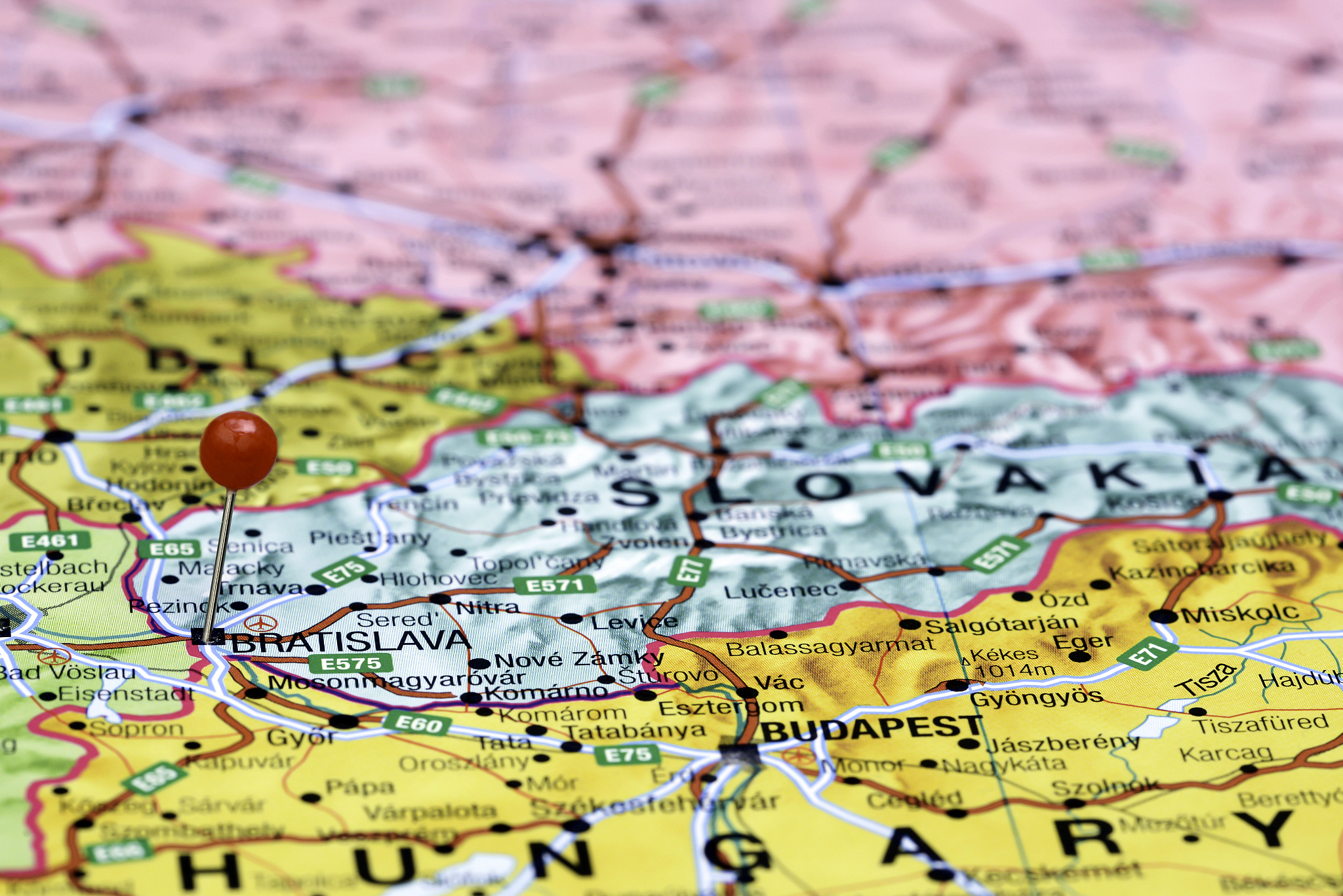 bratislava pinned on a map of europe