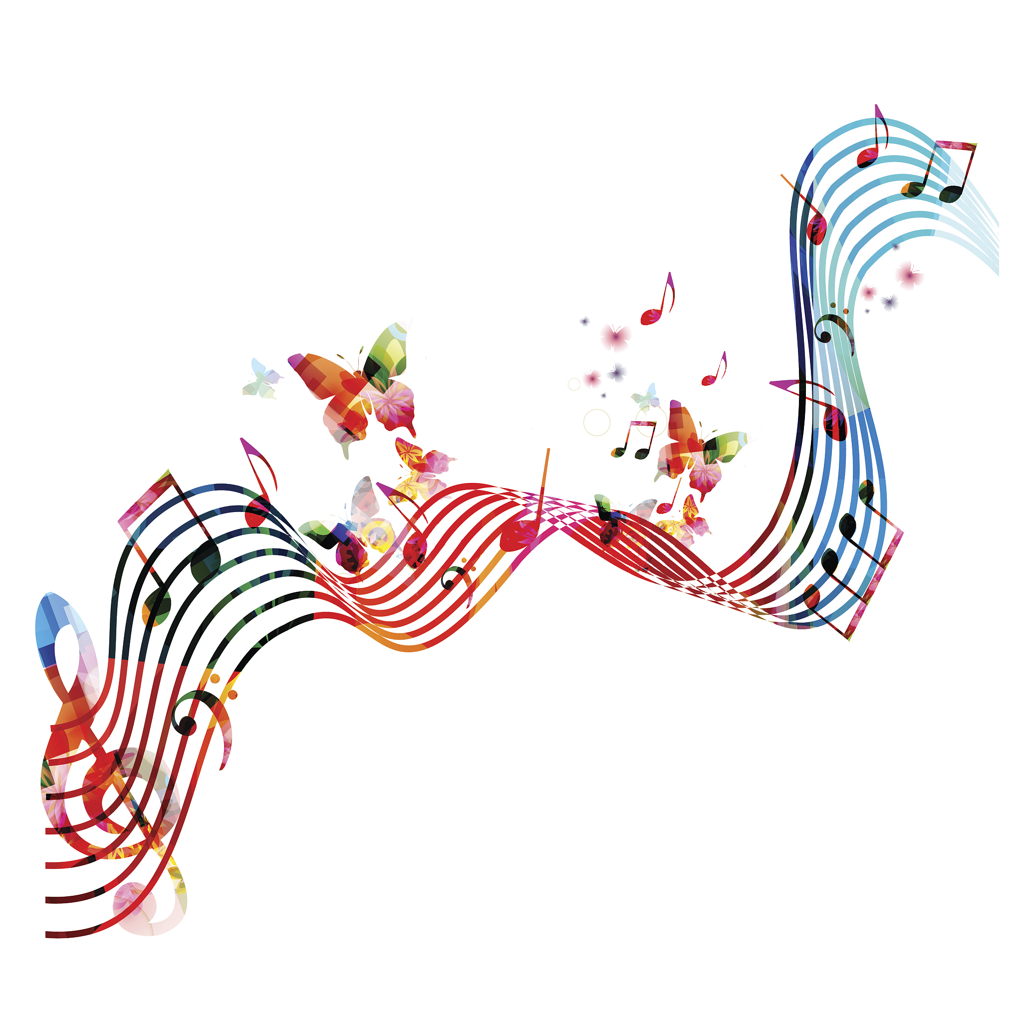 colorful stave with music notes and butterflies