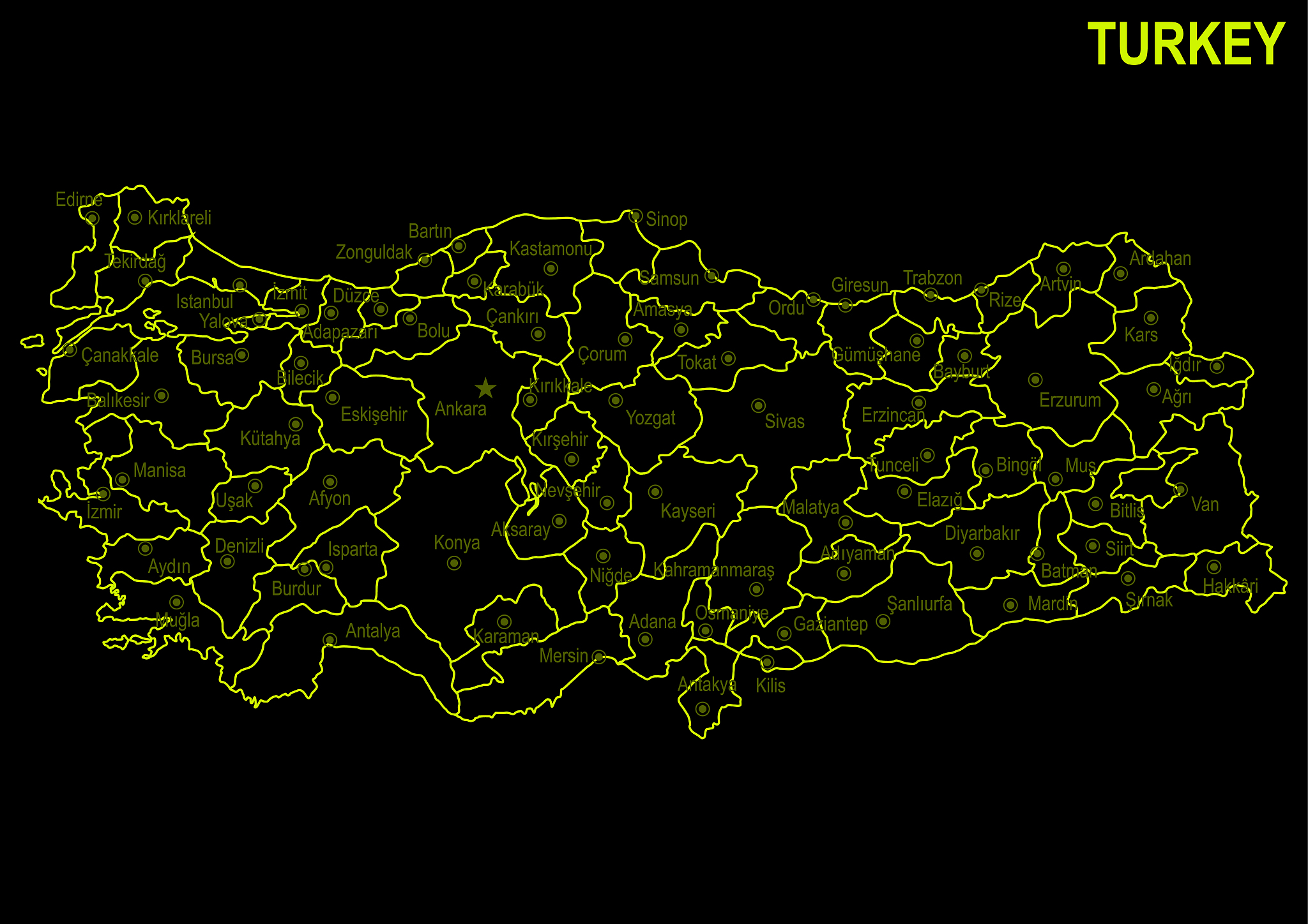neon map of turkey against black background