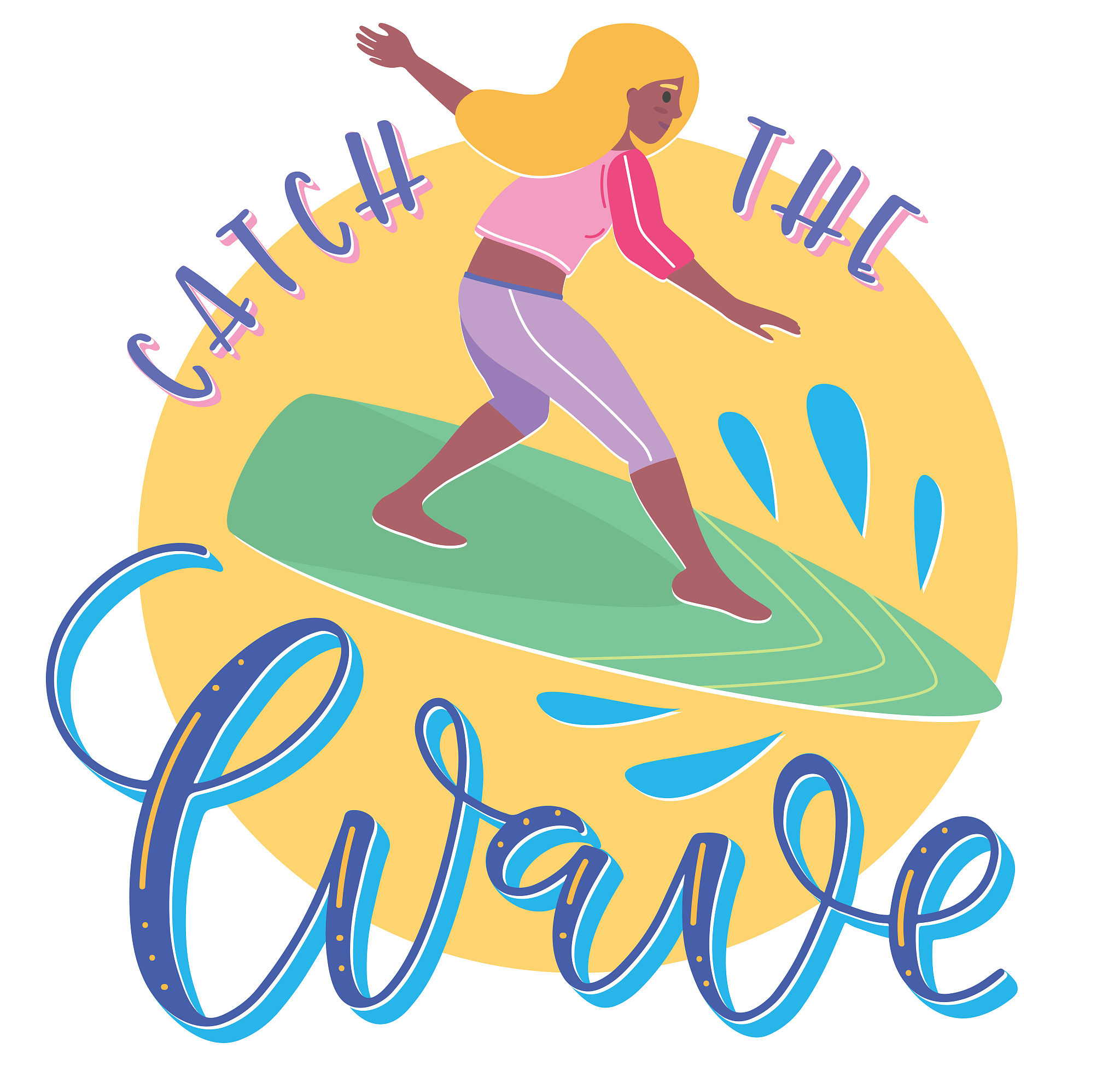 catch the wave - cartoon girl on surfing board. vector illustrat