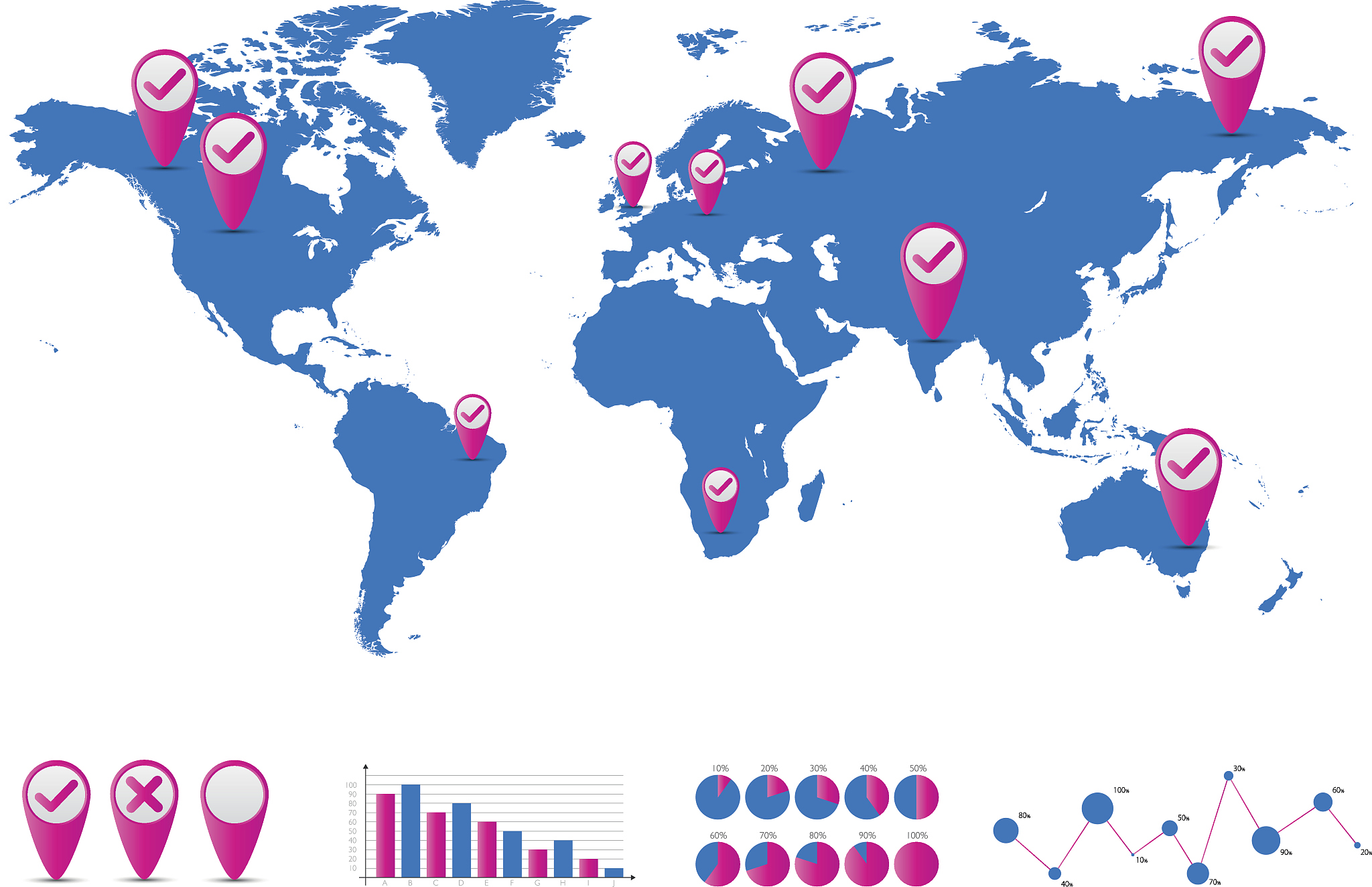 world map and graph bar infographic set.