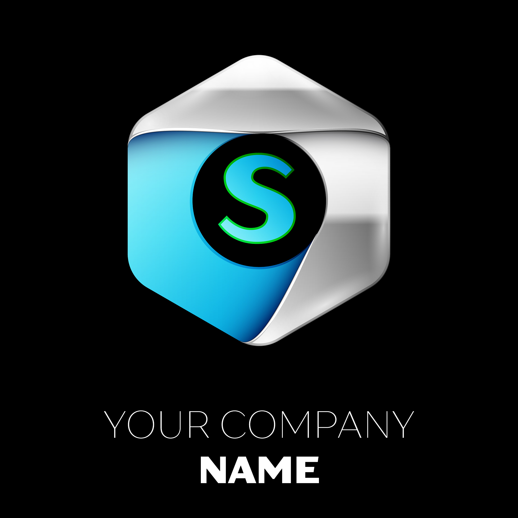 blue letter s logo in the silver-blue hexagonal