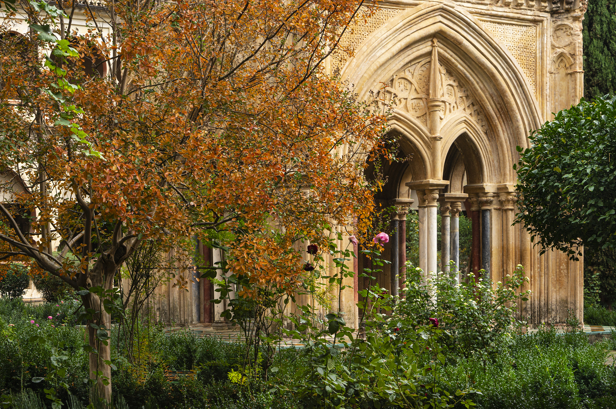 cloister in autumn of the mudejar gothic monastery of guadalupe.