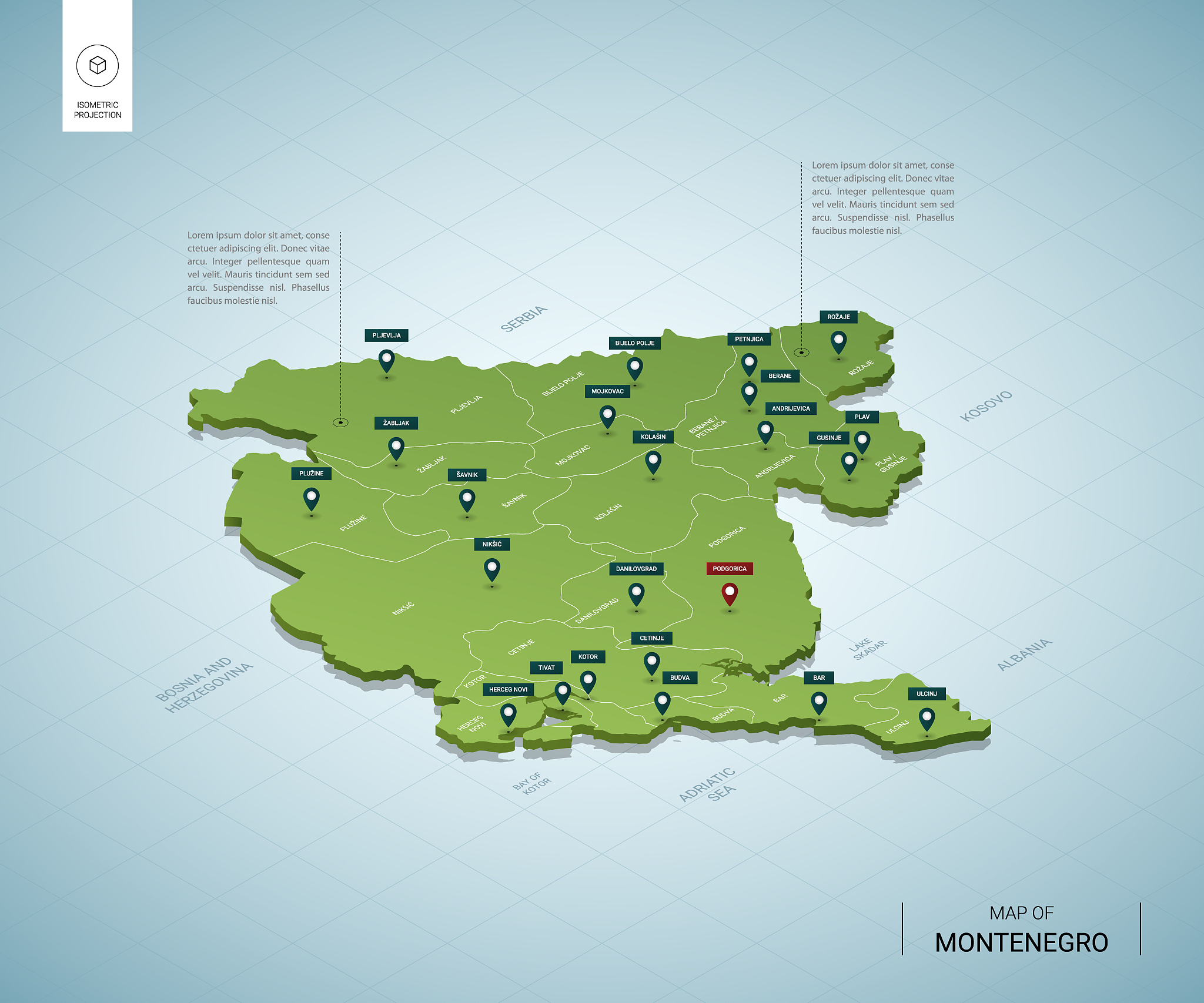 stylized map of montenegro. isometric 3d green map with cities, 