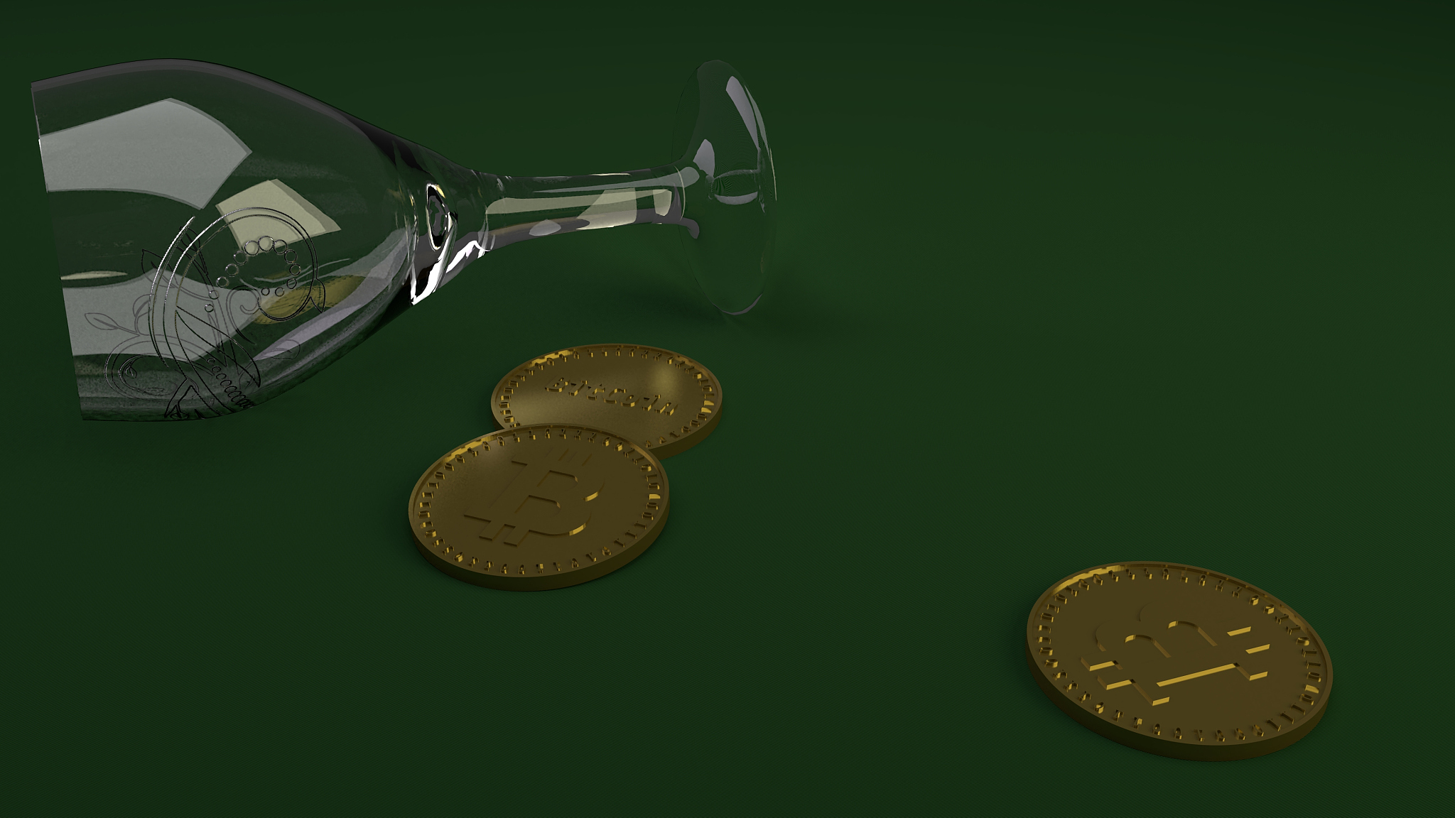 three coins of digital crypto currency bitcoin and empty lying g