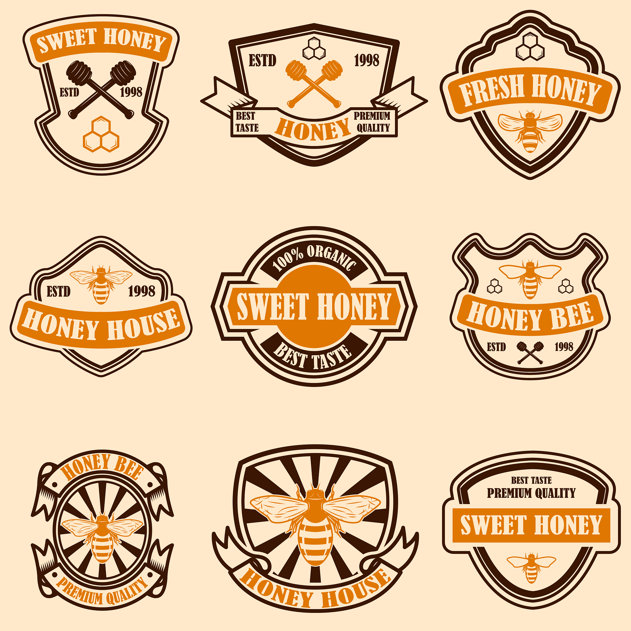 set of vintage honey labels template bee icons