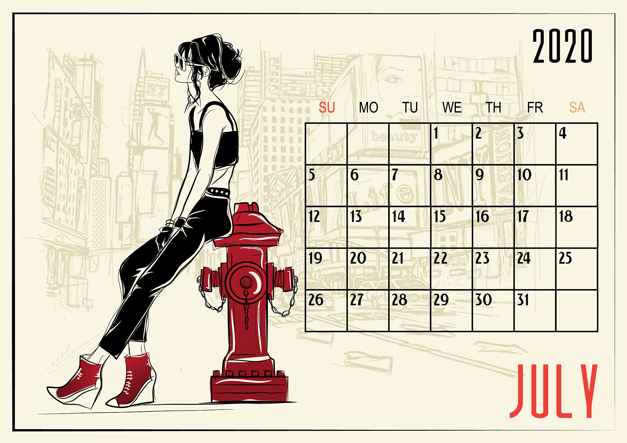 july 2020 calendar with fashion girl