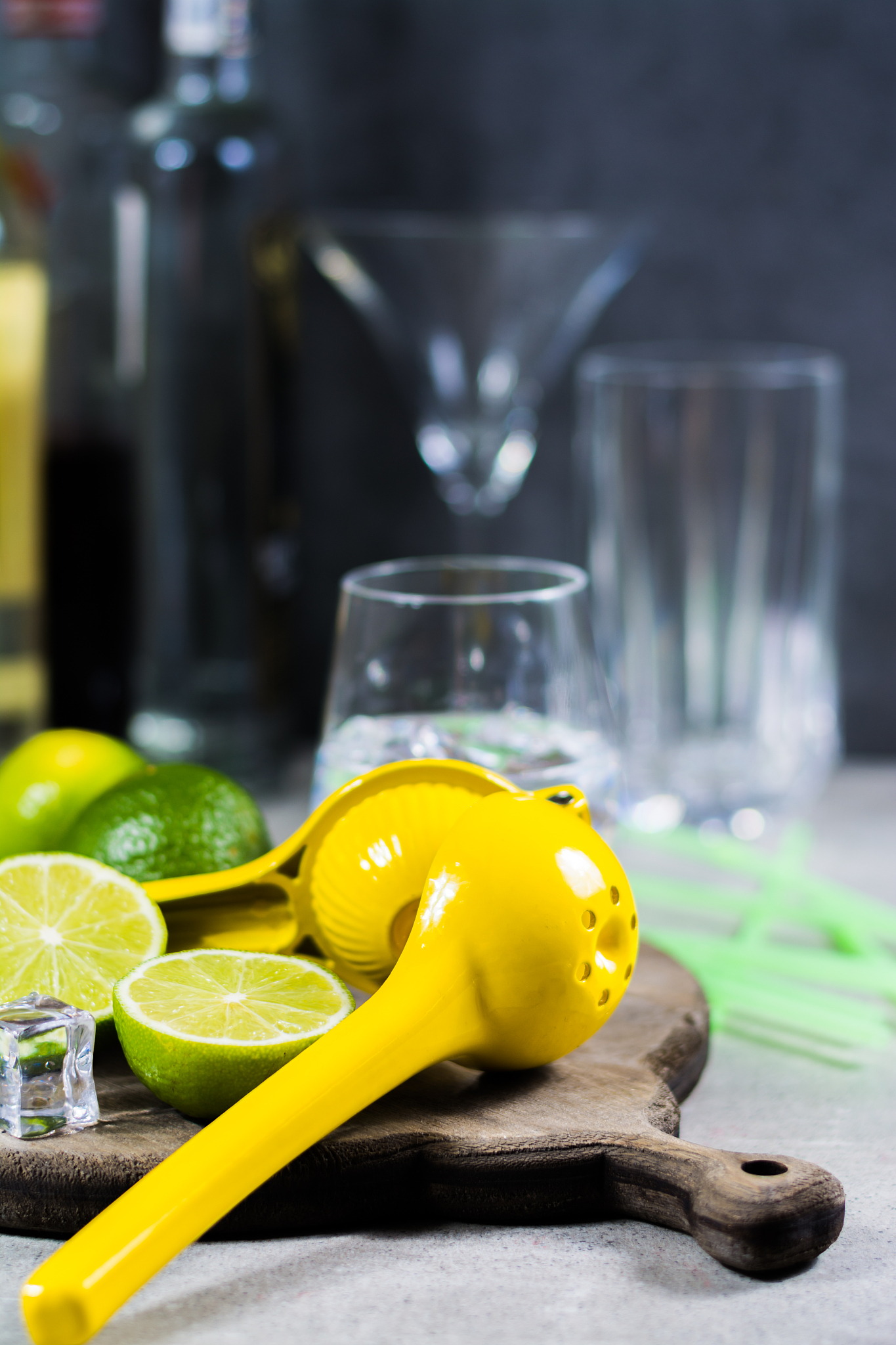 lime manual press for preparation of cocktails, limes and glass 