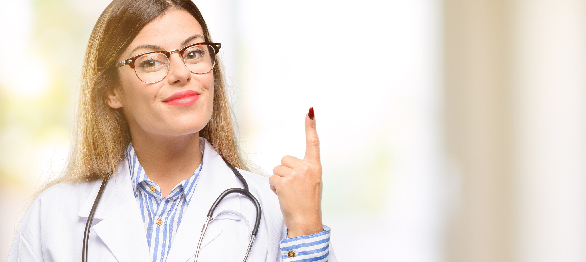 young doctor woman, medical professional raising finger, the num