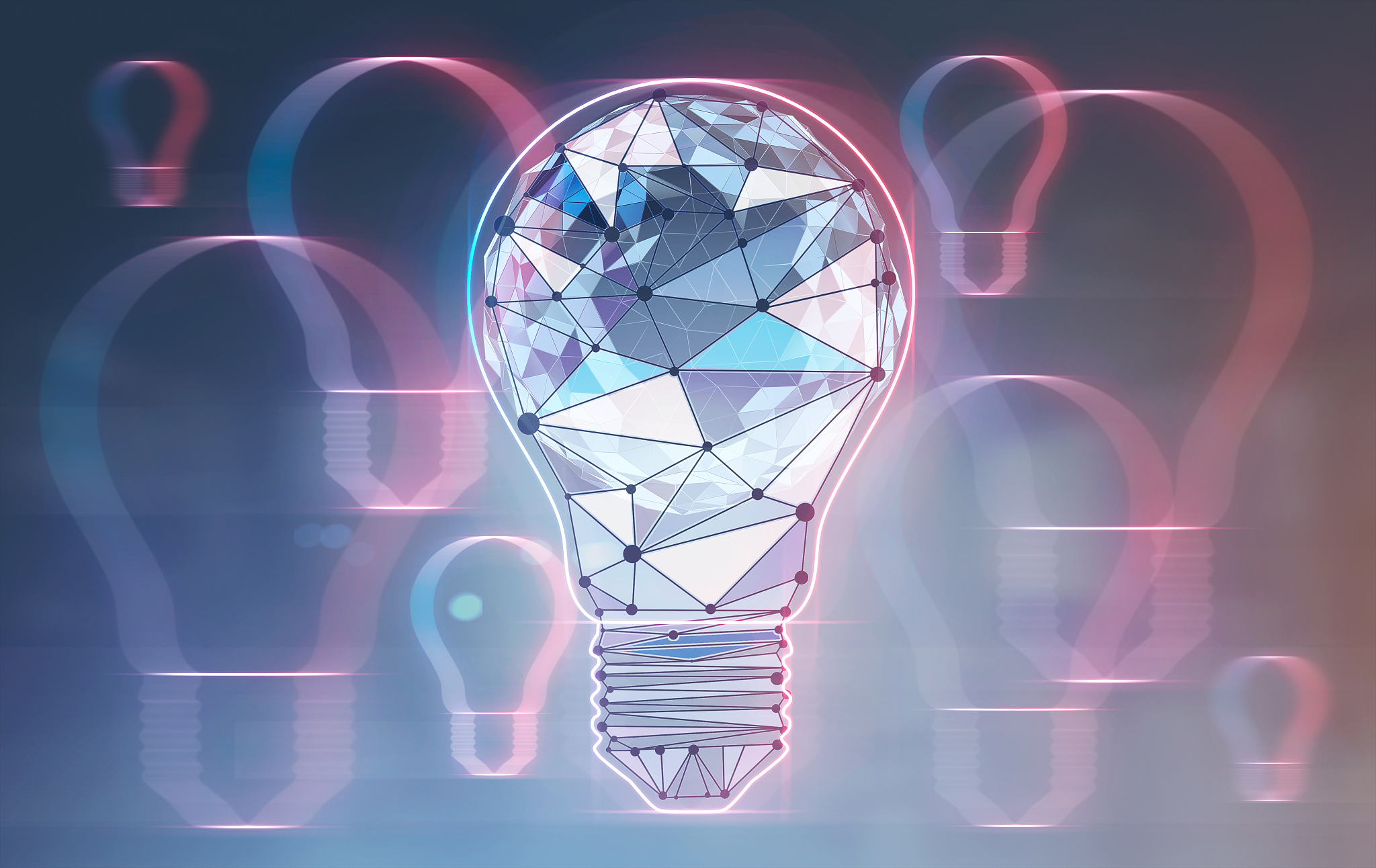 glowing polygonal light bulb neon bulbs background