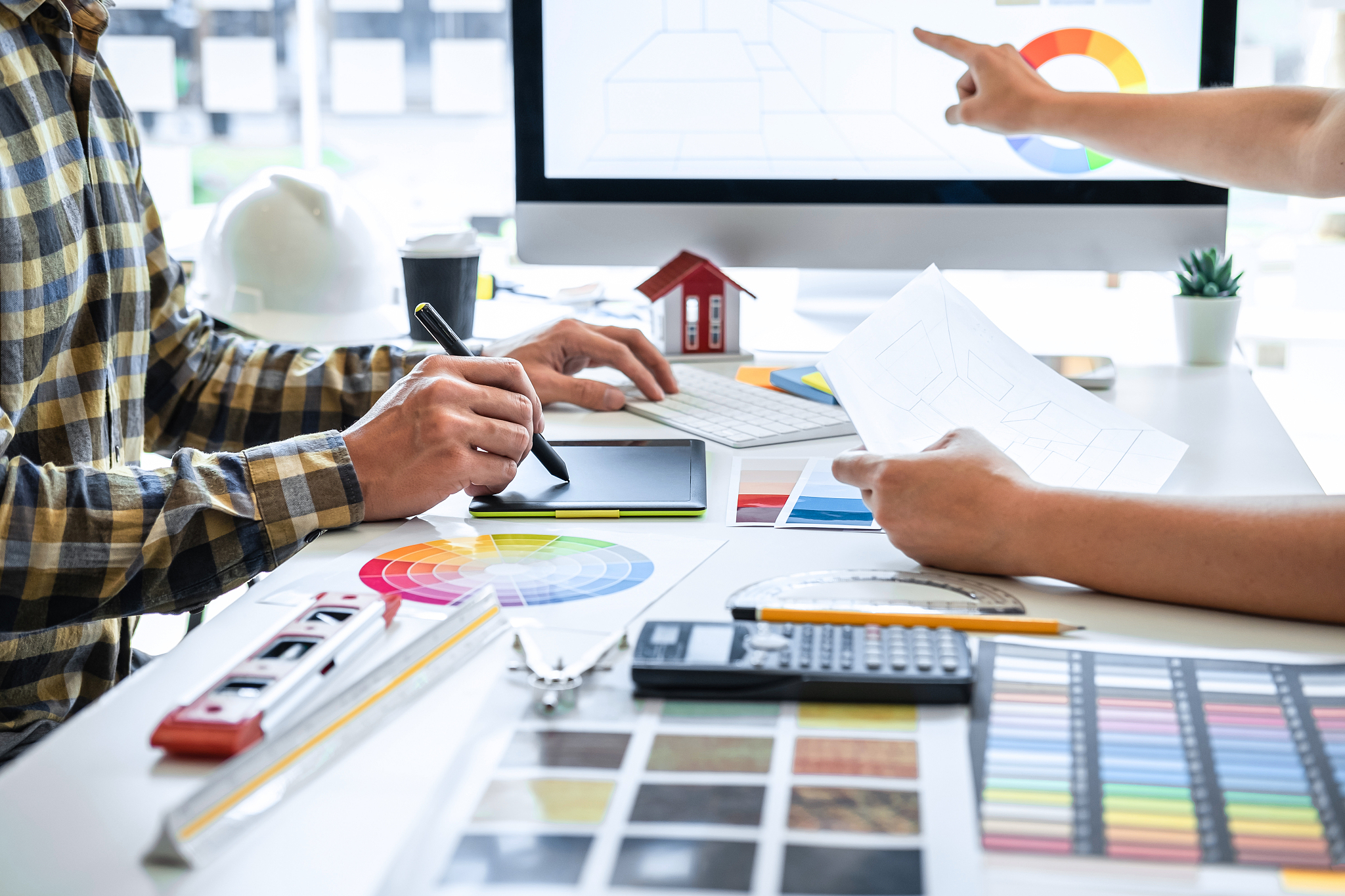 team design of young interior graphic designer working house pro
