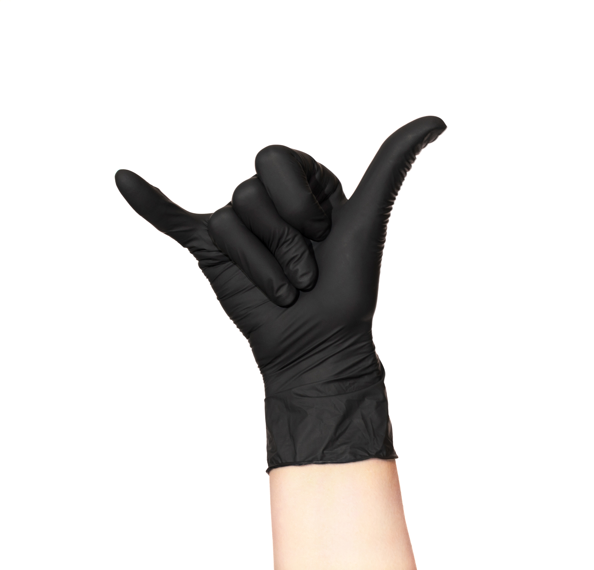 a hand in a black glove isolated on a white background shows a g