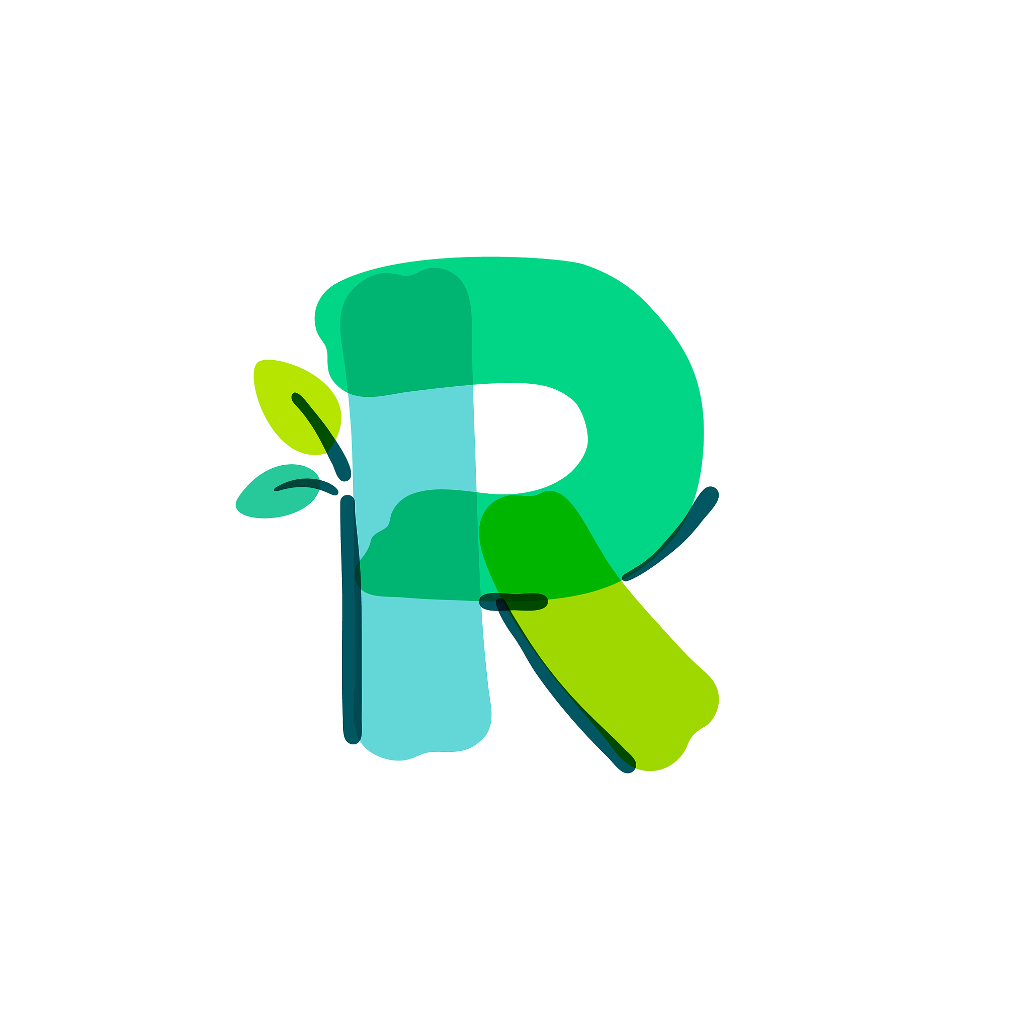 r letter logo with green leaf handwritten with a