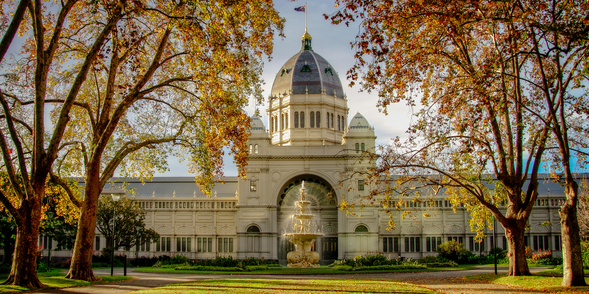 exhibition building and historic fountain