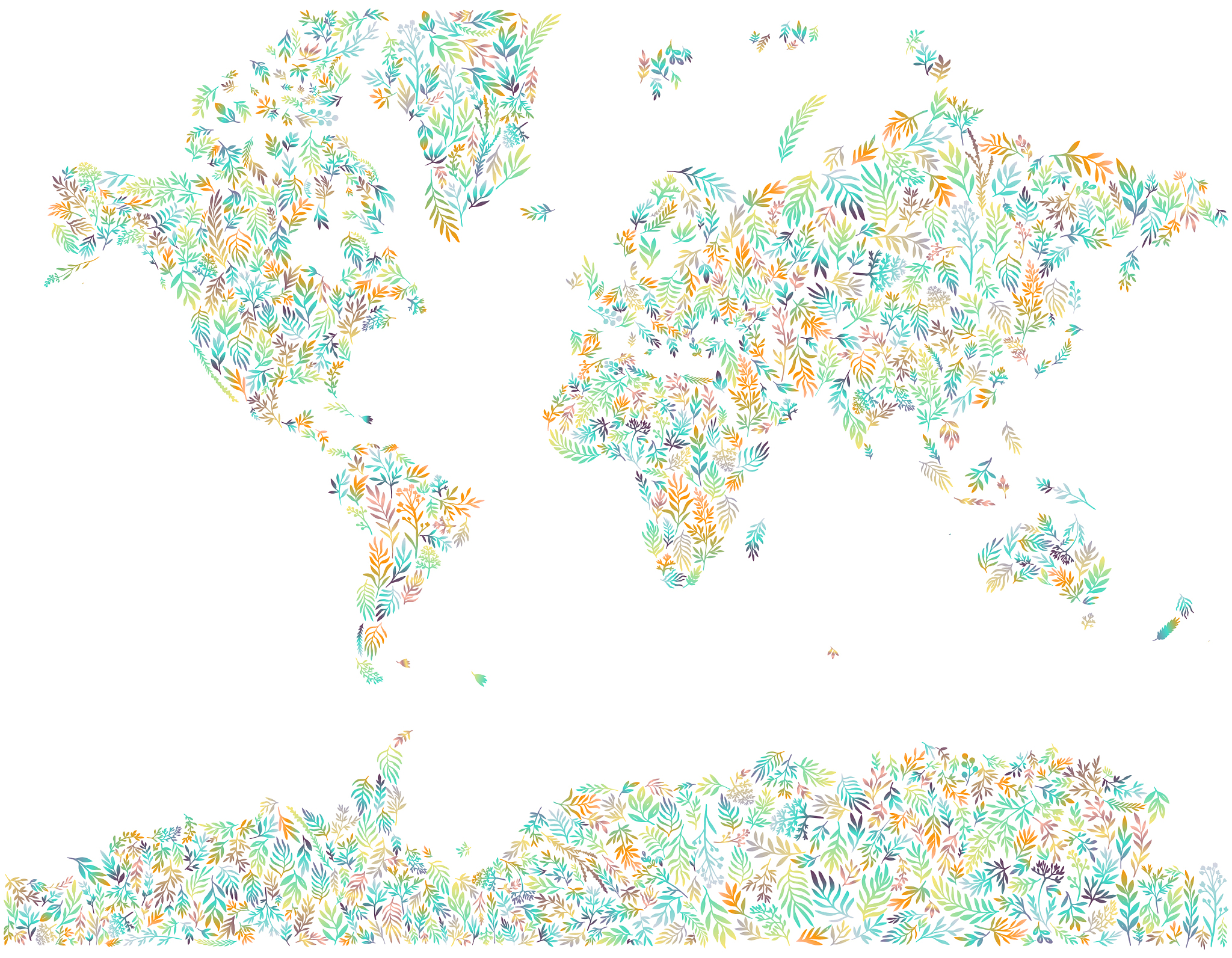 map of world covered by plants and leaves