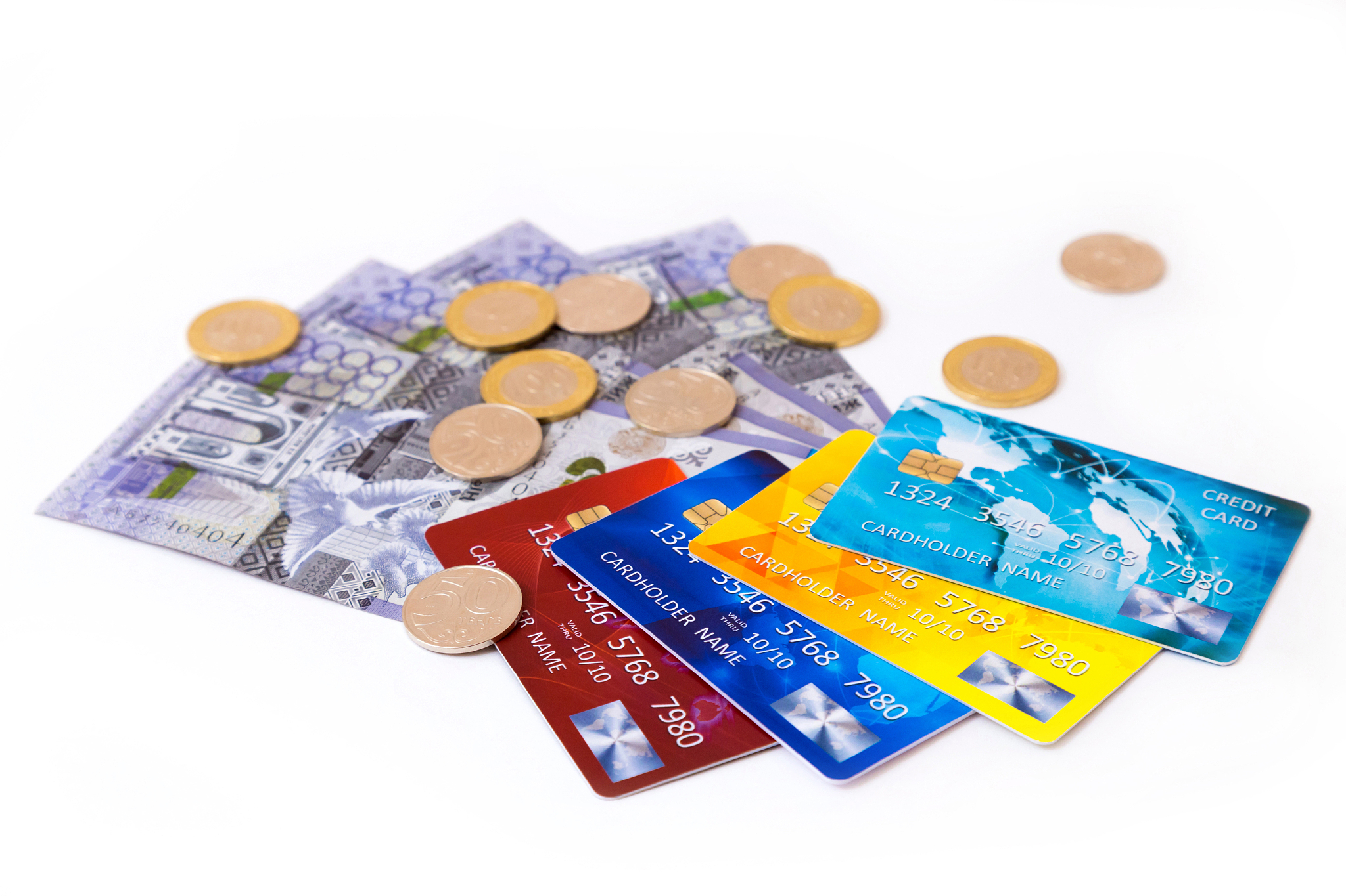 credit cards banknotes coins