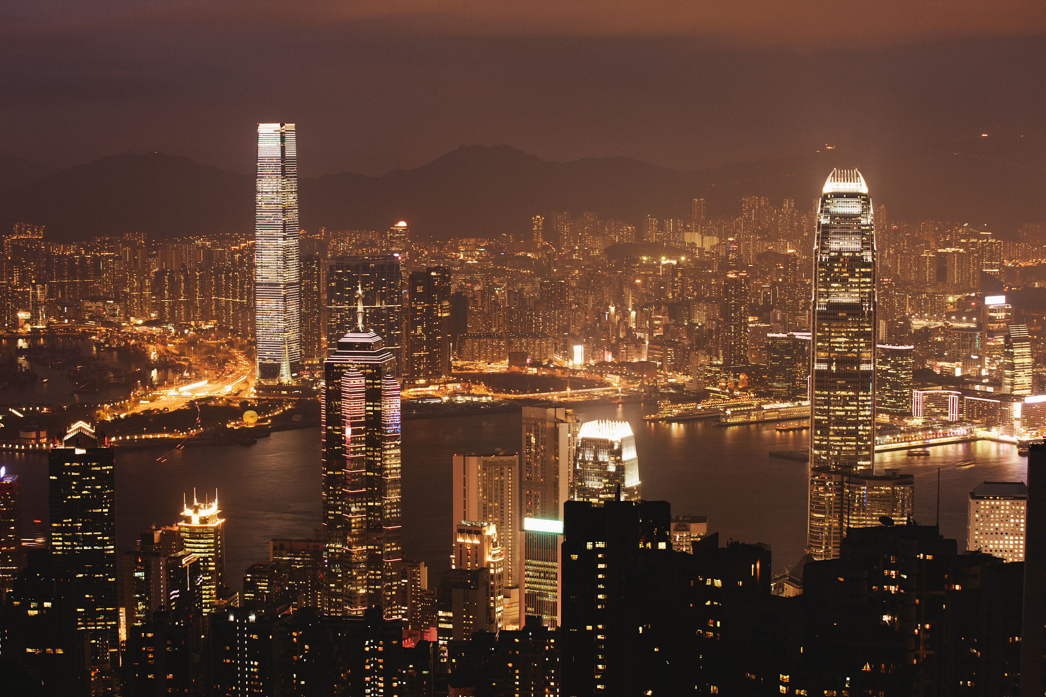 hong kong skyline and harbour at night