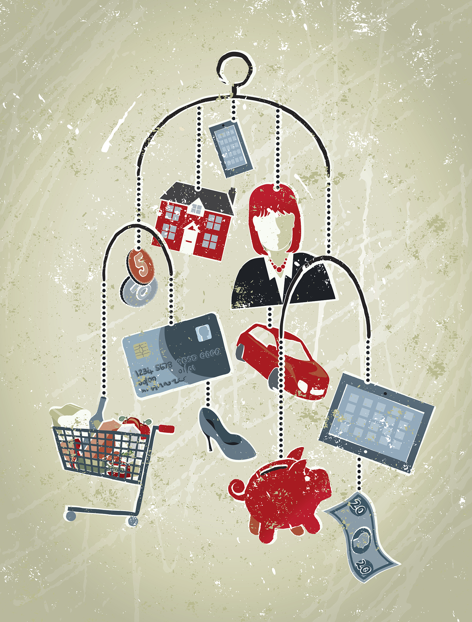 businesswoman, phone, tablet, and home finance icons. mobile ban