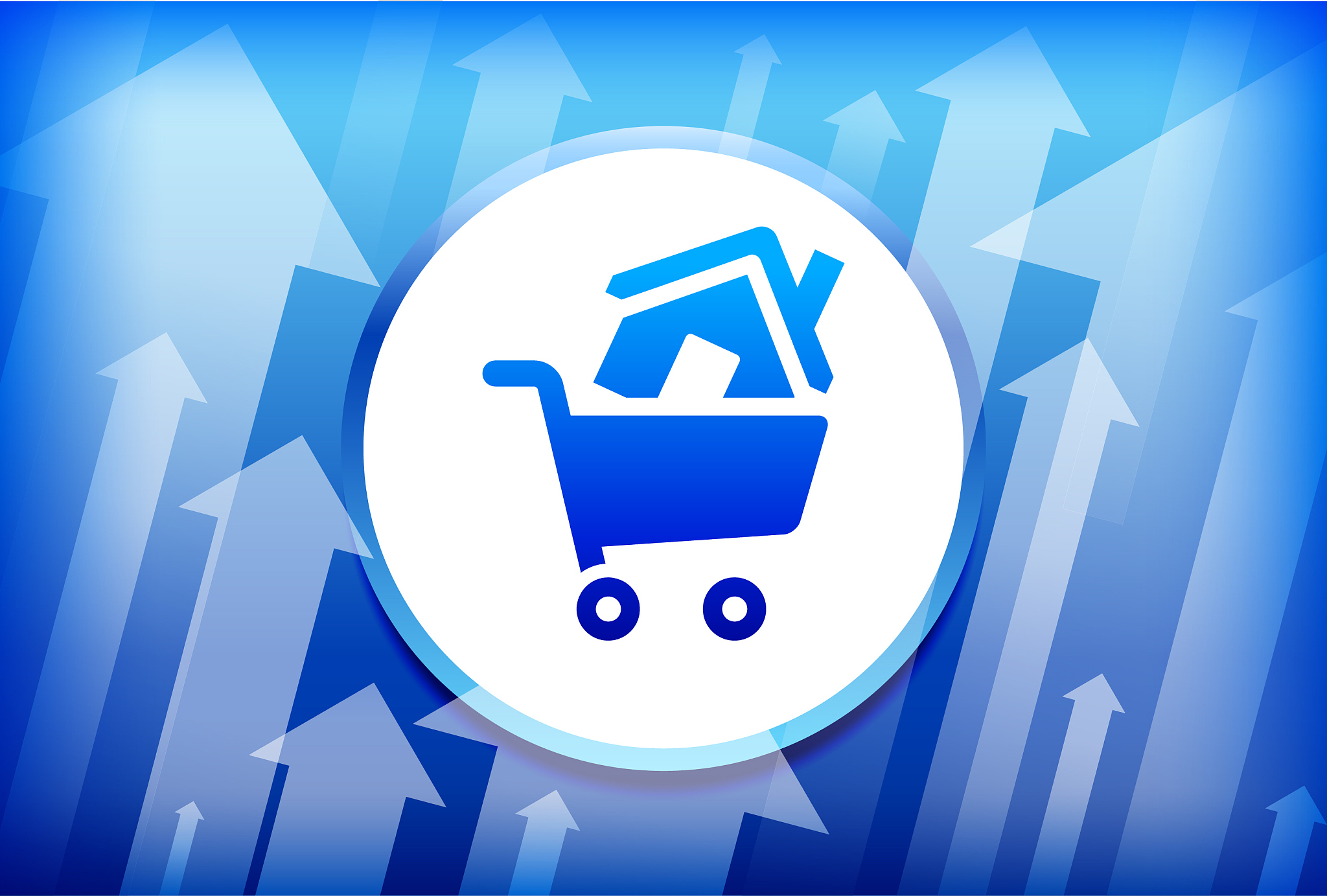 shopping cart and house blue up arrows background